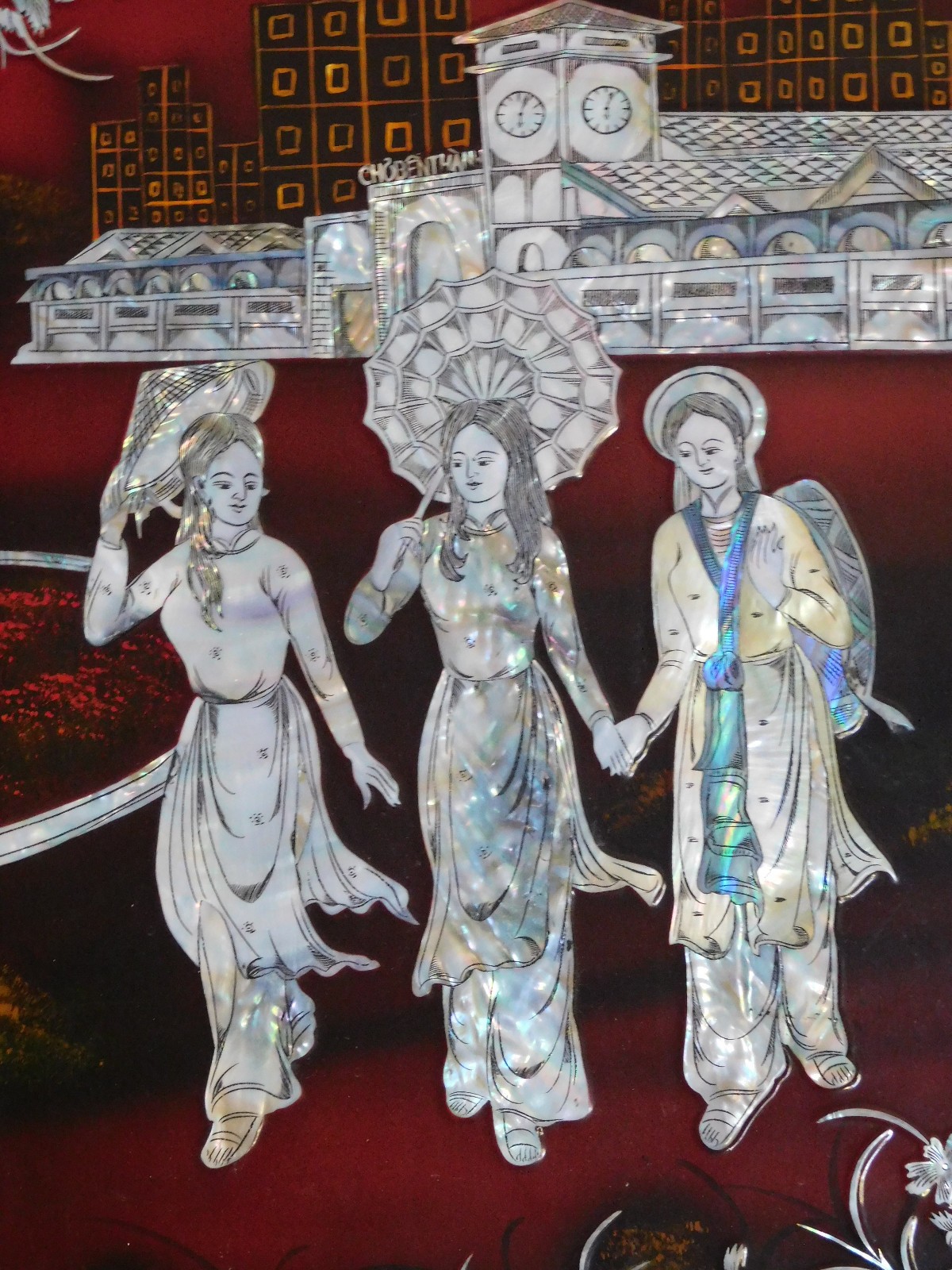 Asian Vietnamese Lacquer Piece Artwork 23″ x 15″ women wearing the Ao Dai