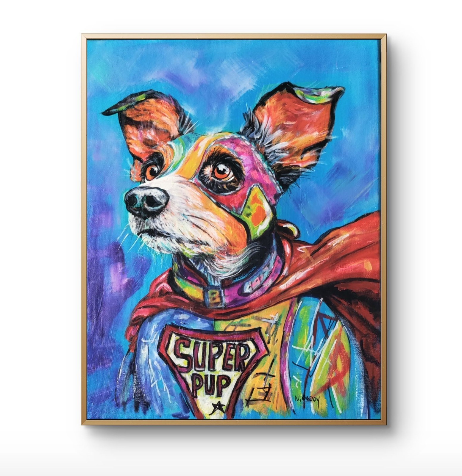 Original Expressionist Colorful Super Hero Dog 14 x 11 Acrylic Painting