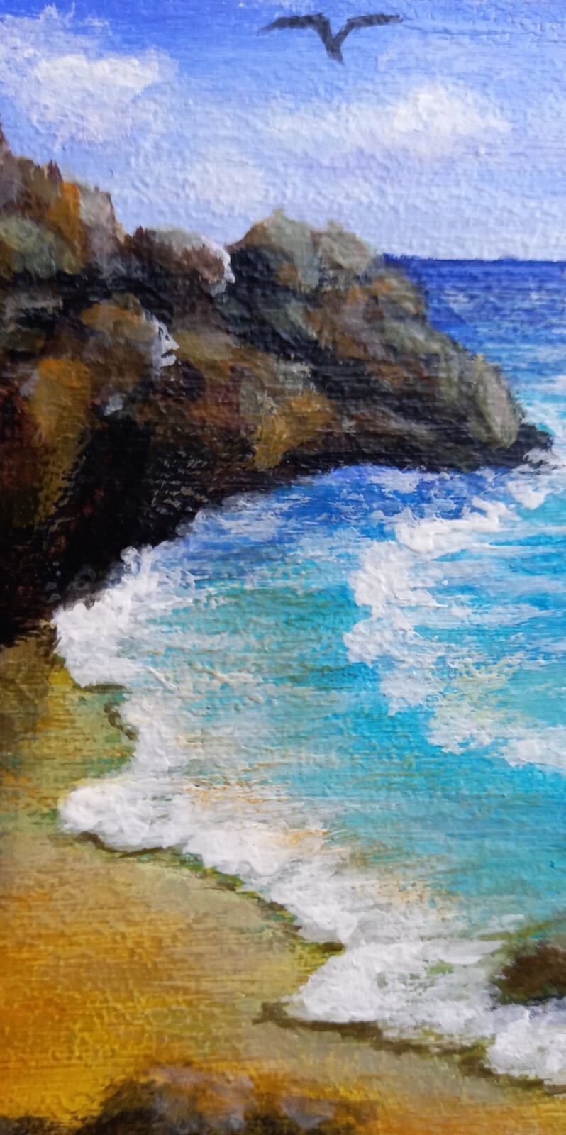 Original Acrylic Painting Seascape Seashore Surf Seagull Small Wall Art 5 x 7 in