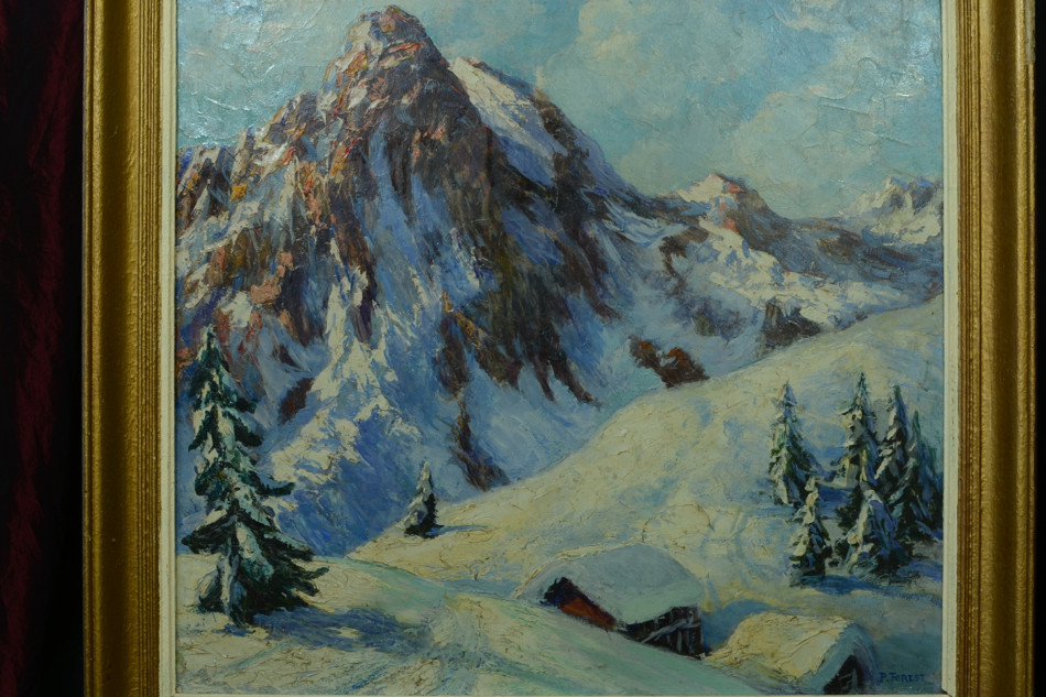 Painting Antique Hsp Landscape Mountain Summit Snowy Alps Signed Forest 1930