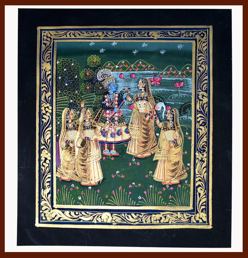 Original Radha Krishna Miniature Indian painting on silk cloth natural colors