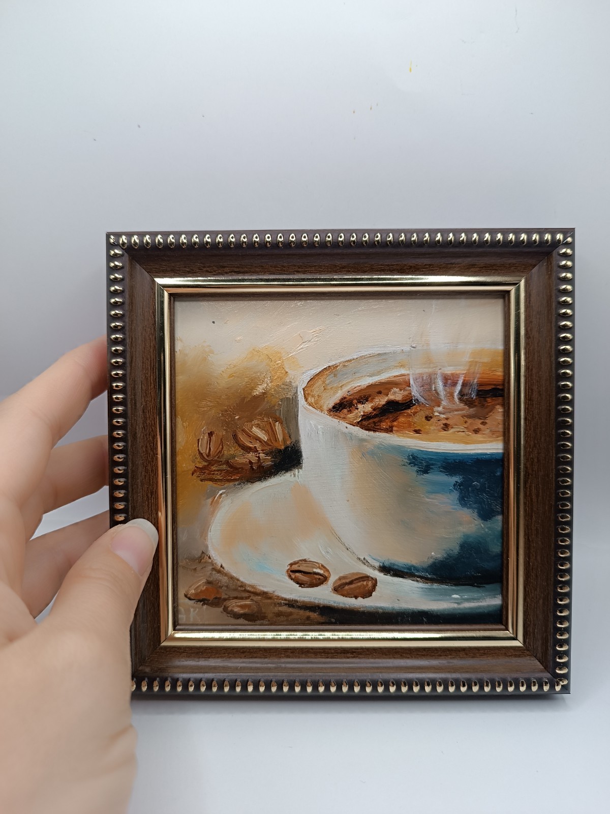 Original Coffee Cup Oil Painting Impasto Food Art Framed Miniature 4×4″