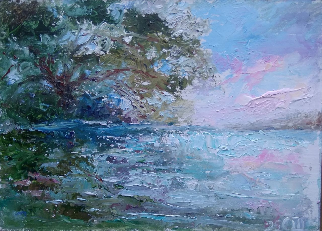 Painting «Oak on the shore». Oil on cardboard. 5×7 inc. Handmade. 2025. Unframe