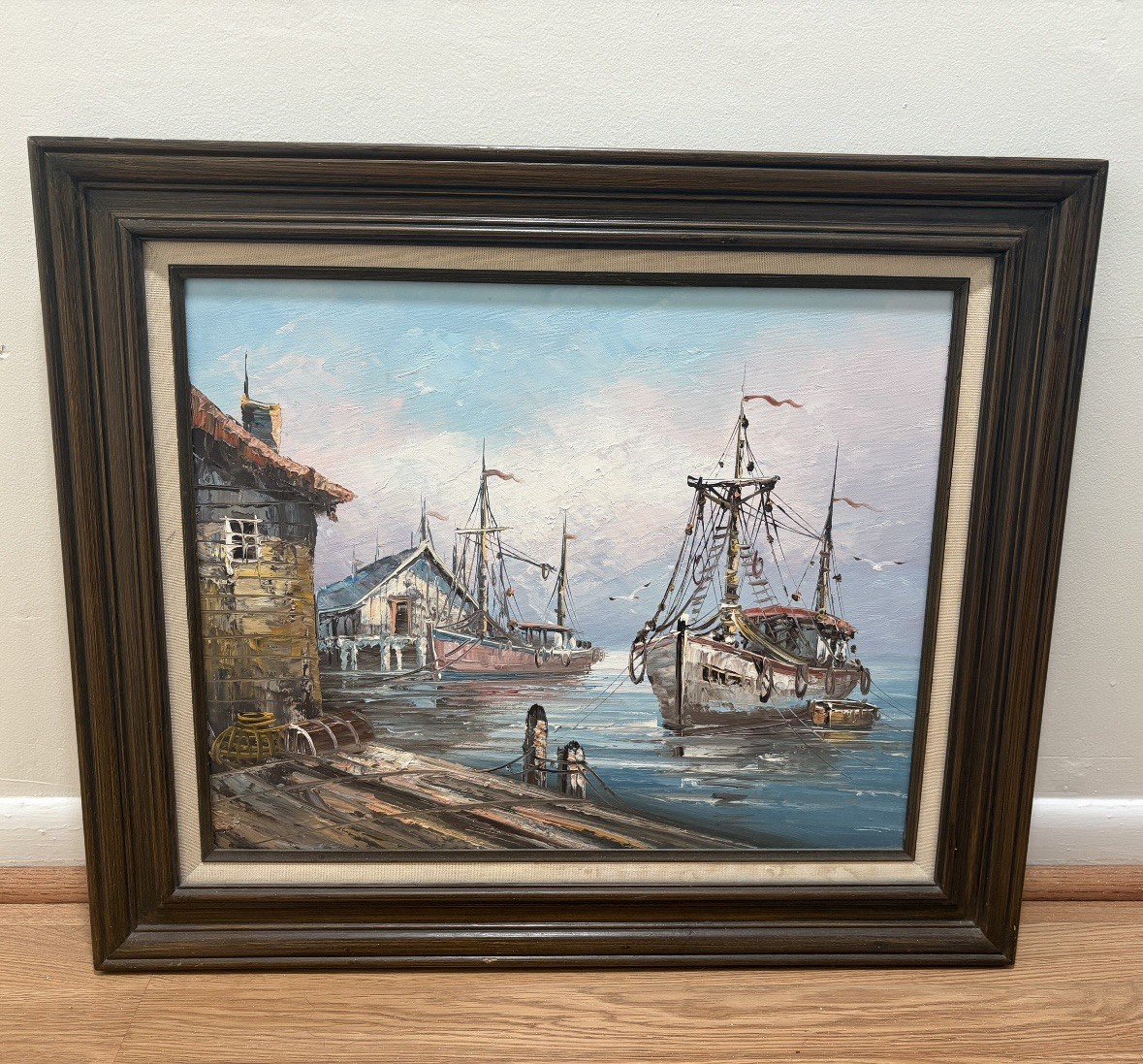 Vintage Oil On Canvas Ship Harbor Painting Framed-No Glass- W. Jones? Unsigned.