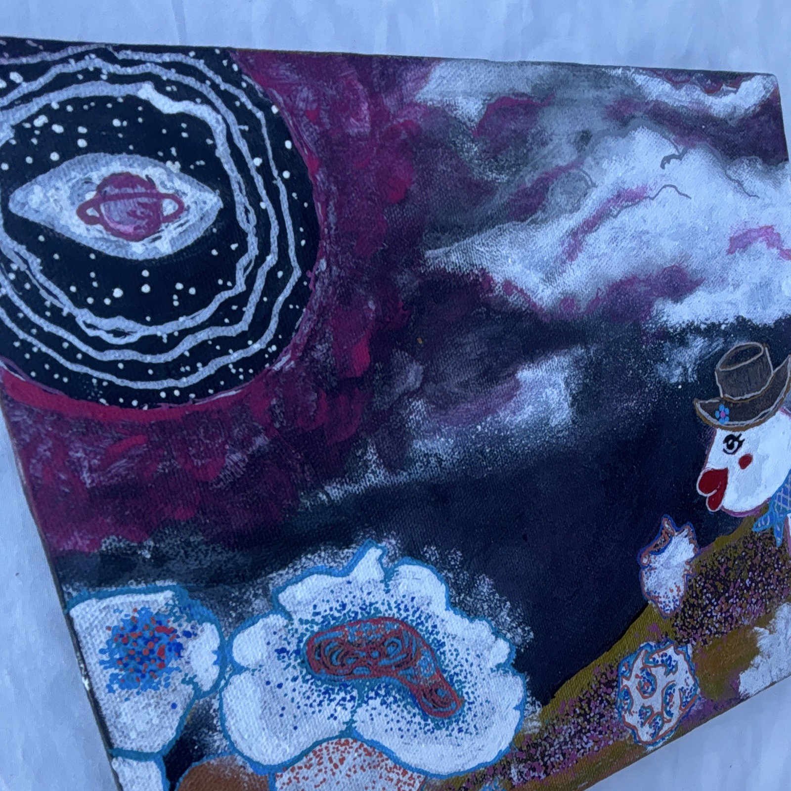 10×8 inch Hand-Painted Abstract Canvas Painting Unframed Eye Face Flowers Clouds