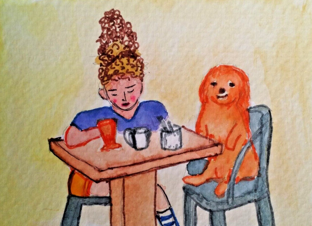 ACEO Original – Girl & Dog at Café – Watercolor 2.5 x 3.5 Signed