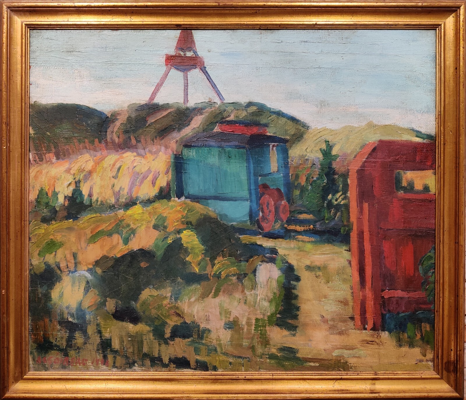 Arne Söiberg (1916-1995): RED AND BLUE CABINS, original oil painting, dated 1942
