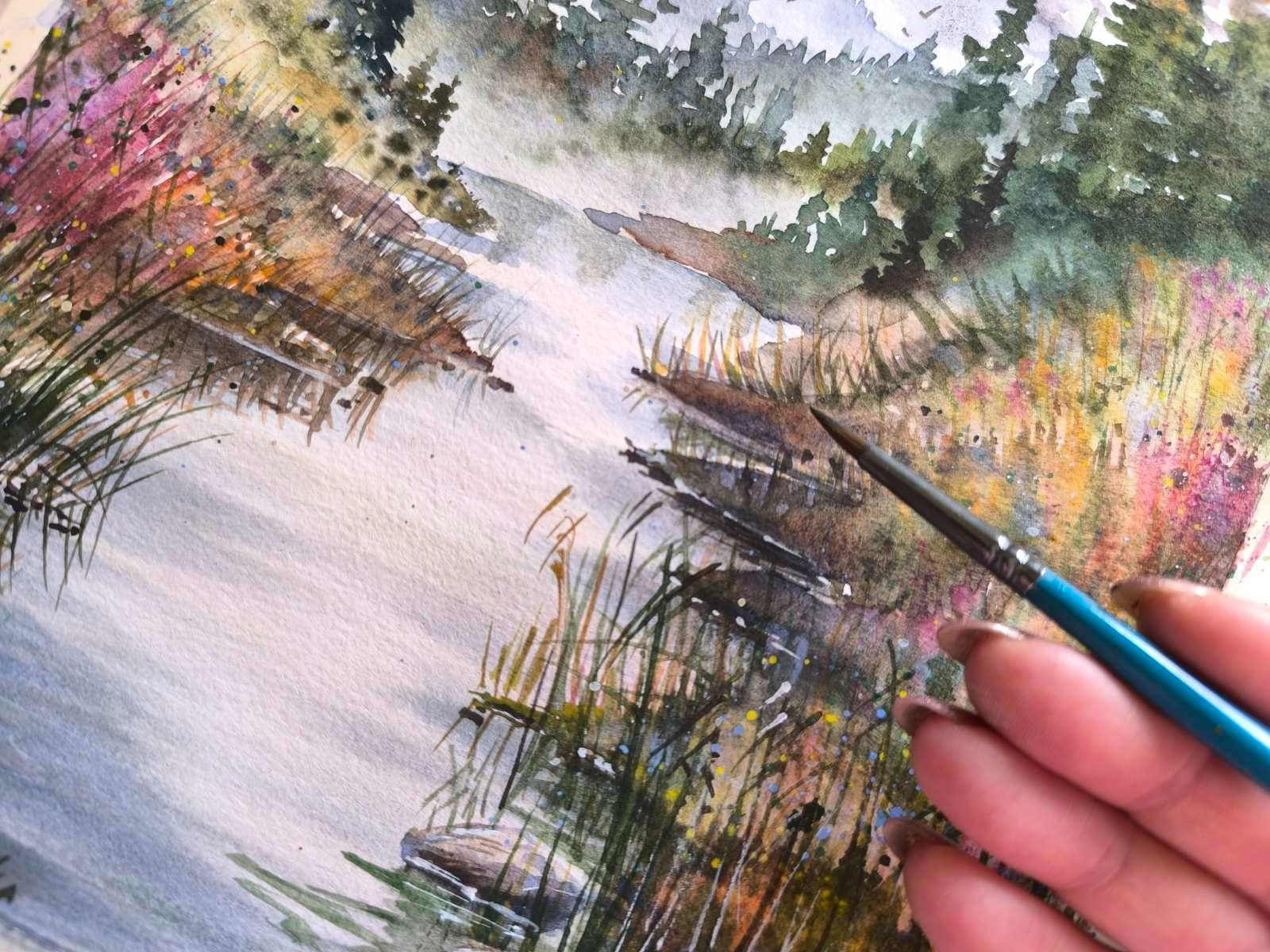 FOGGY FOREST MOUNTAINS Original Art Painting BIRD FLYING RIVER Bob Ross Style A4