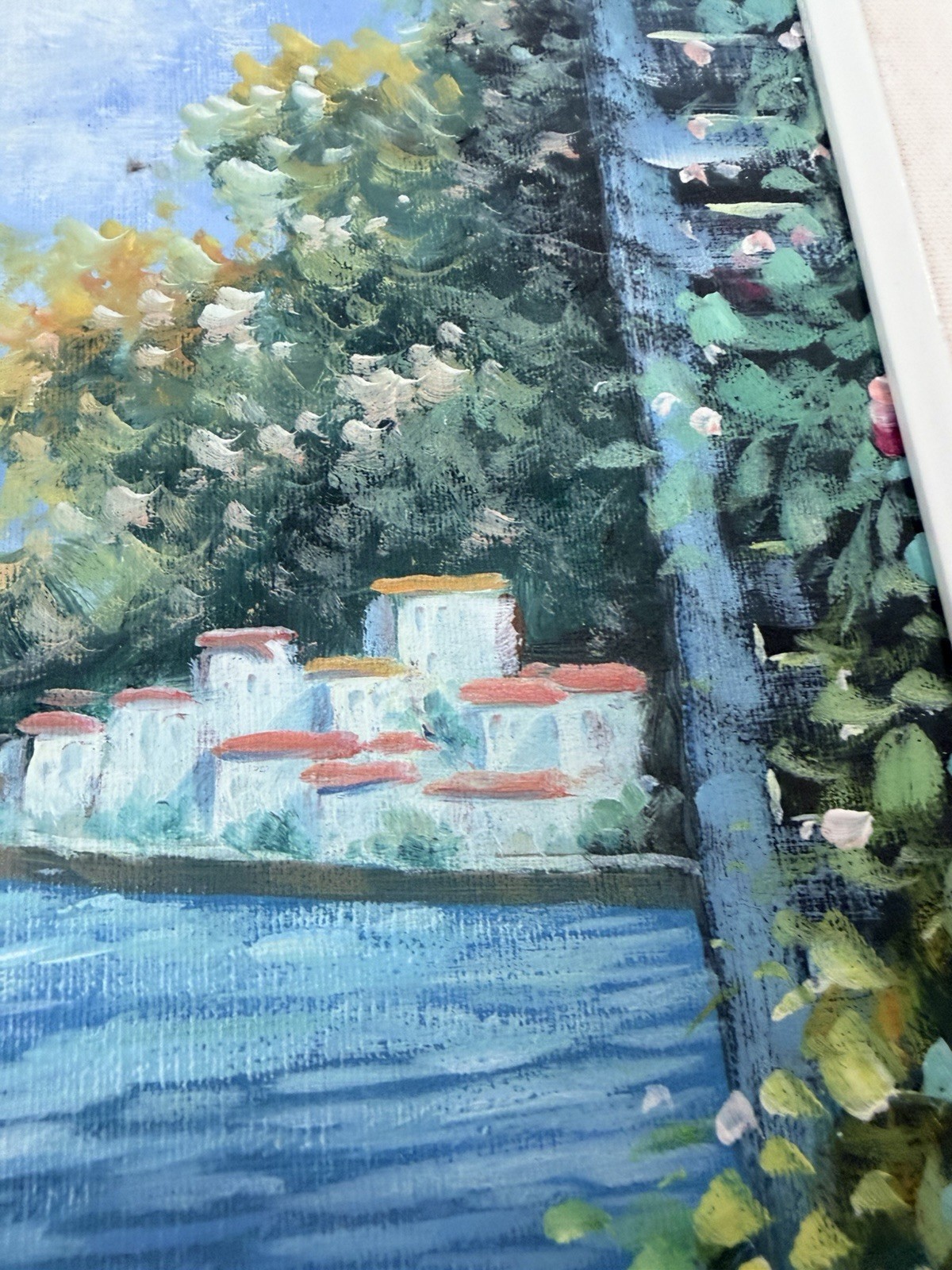 W. Brandt Signed Framed Impressionist Seascape Sailboats Patio Flowers Canvas