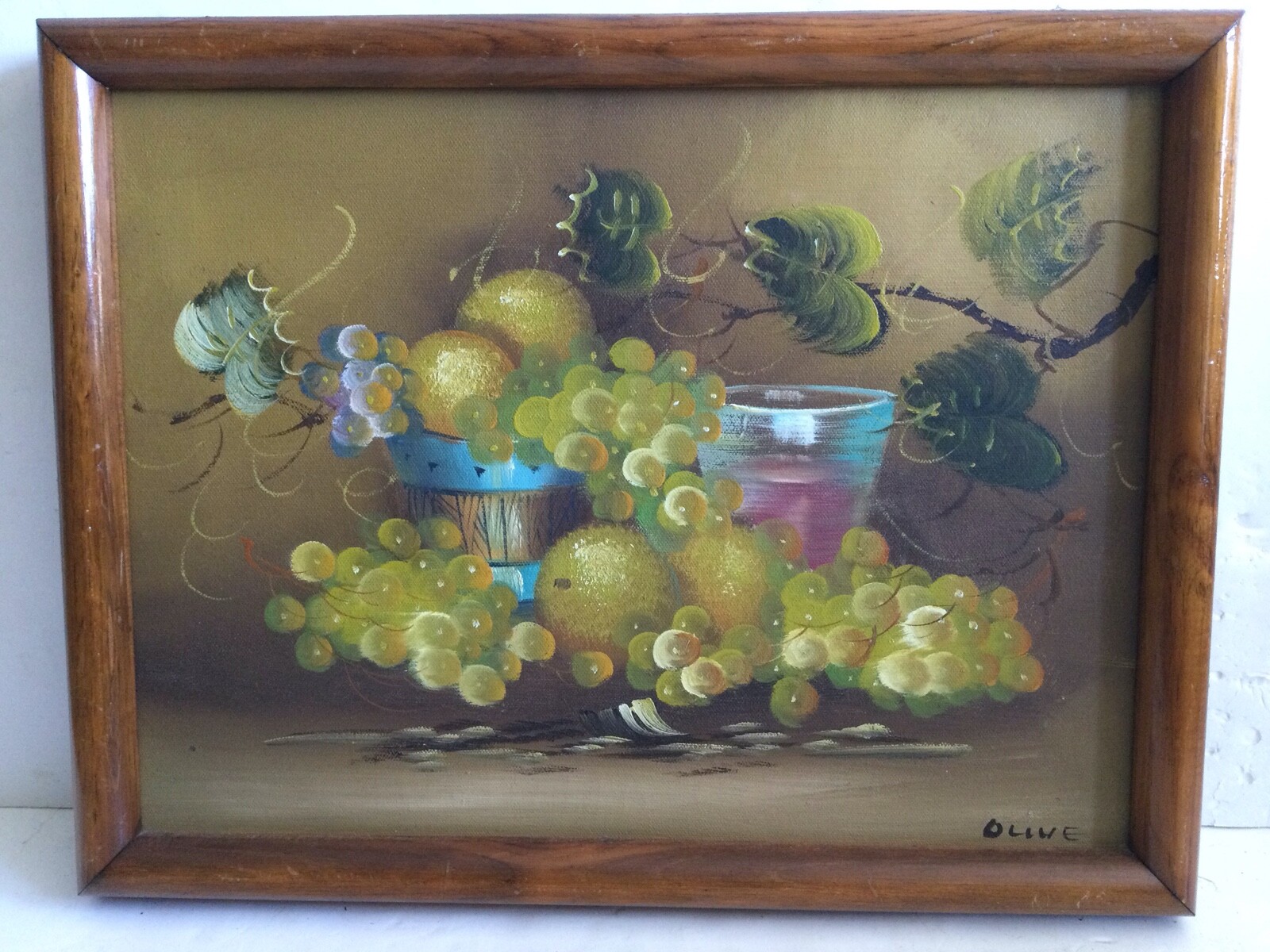 Signed Olive Mid-Century Original Oil Fruit Wine Glass Framed – Estate