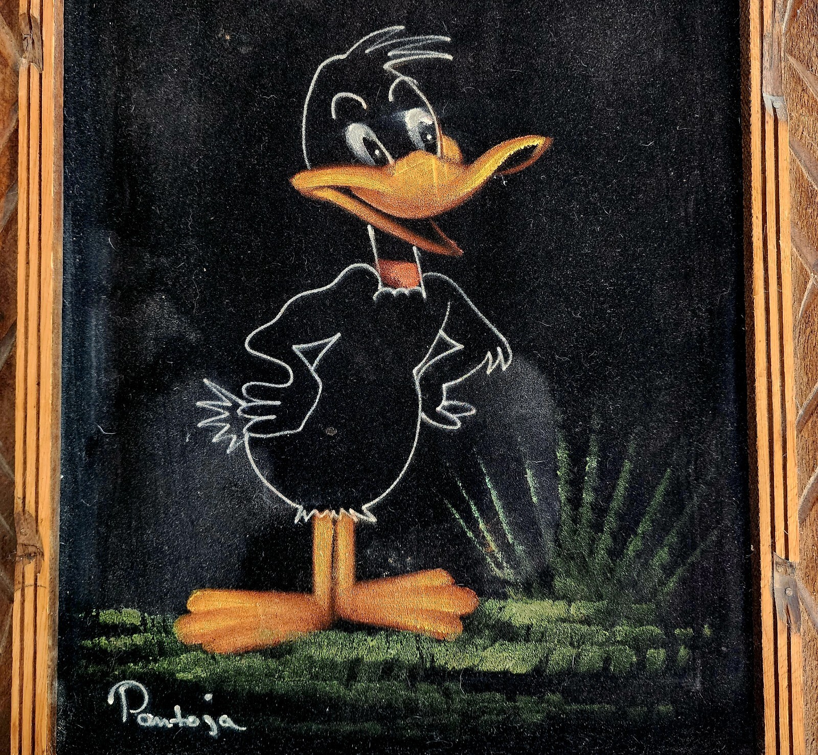 Daffy Duck Pantoja Original Signed Painting Velvet Framed c1970s 16.5×13.5″