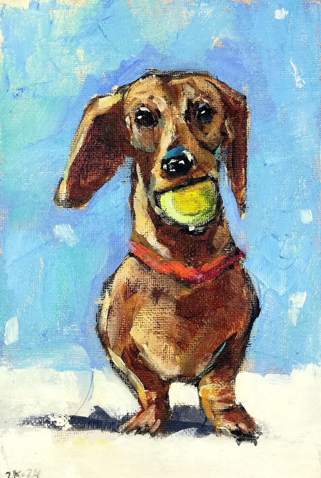 Original Oil Painting Custom Dog Dachshund with a Ball Pet Art Impressionism