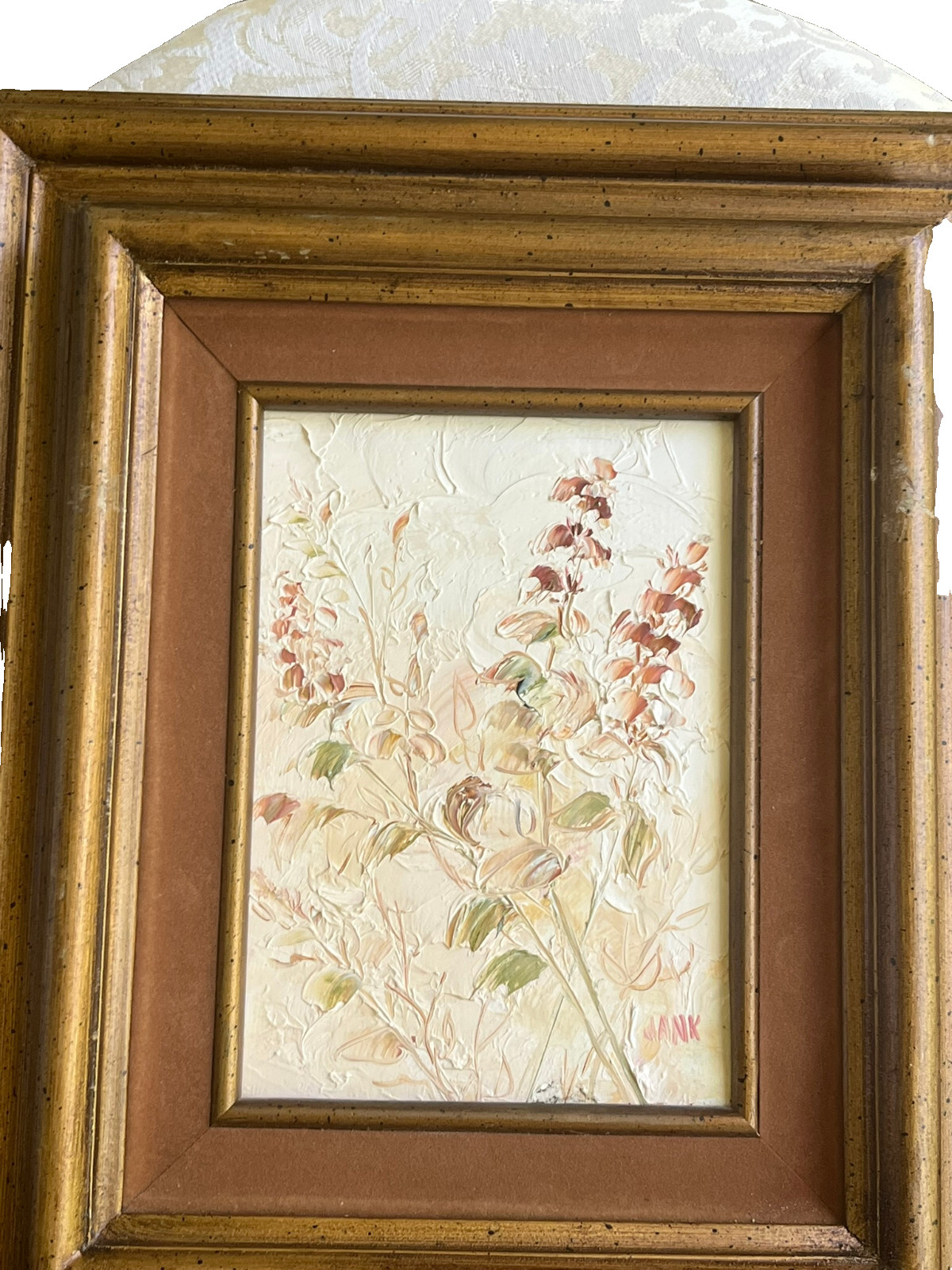 Green & Purple w/White Background Floral Oil Painting by Ruth Jank 13.5 x 11.5″