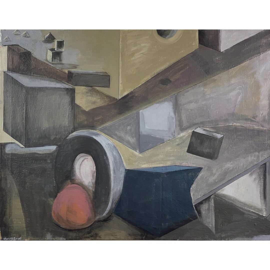 Omar Bain – Modernist Landscape with Shapes, Signed (ca. 1960, Oil on Canvas)