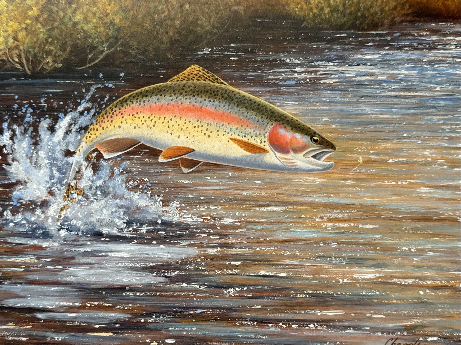 Fish Painting Fishing Jumping Fly Lure River Stream David Chapple Listed Famous