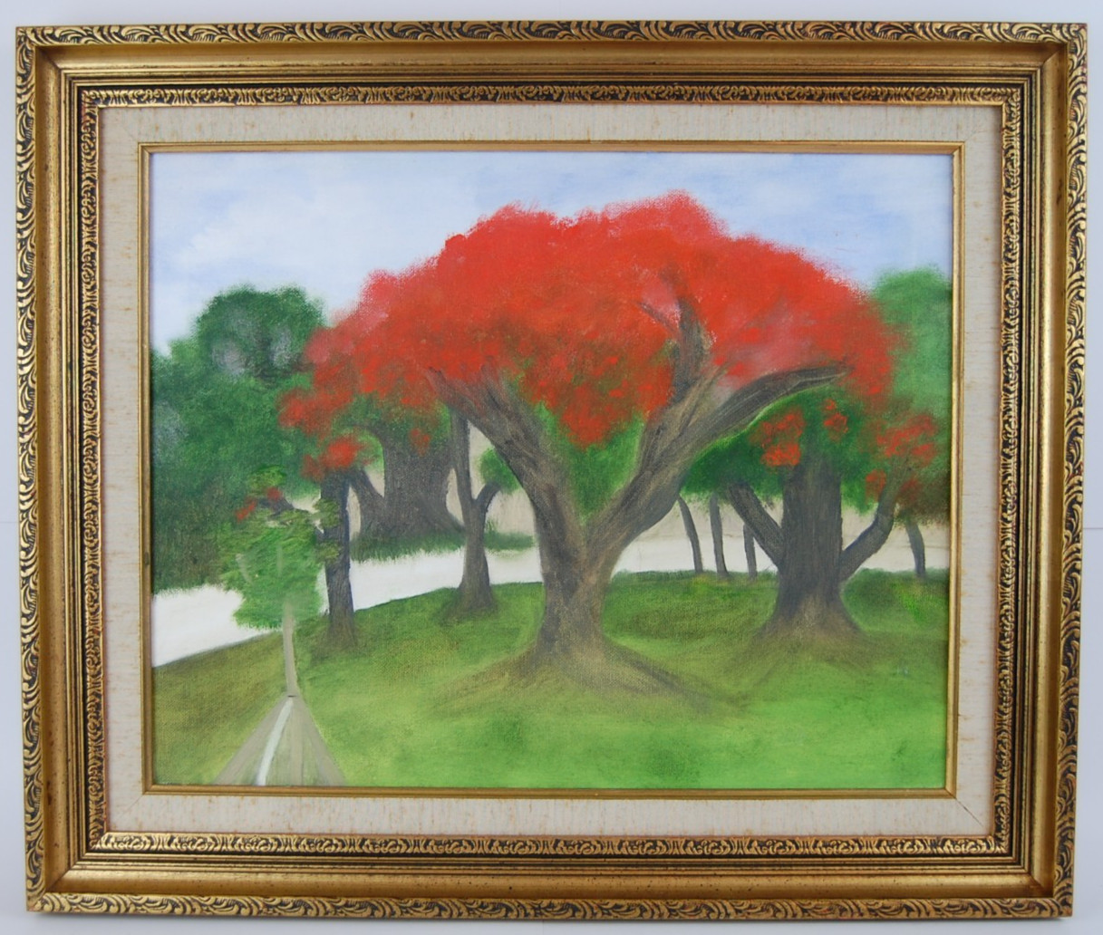 Vtg 80’s Framed Original Oil «Framboyan (Royal Poinciana) Tree Landscape» 20X16