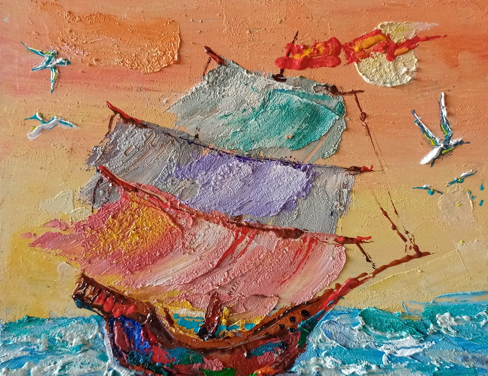 Sailboat Impasto Painting Original Art Impression Oil Painting 7.8 x 7.8 in