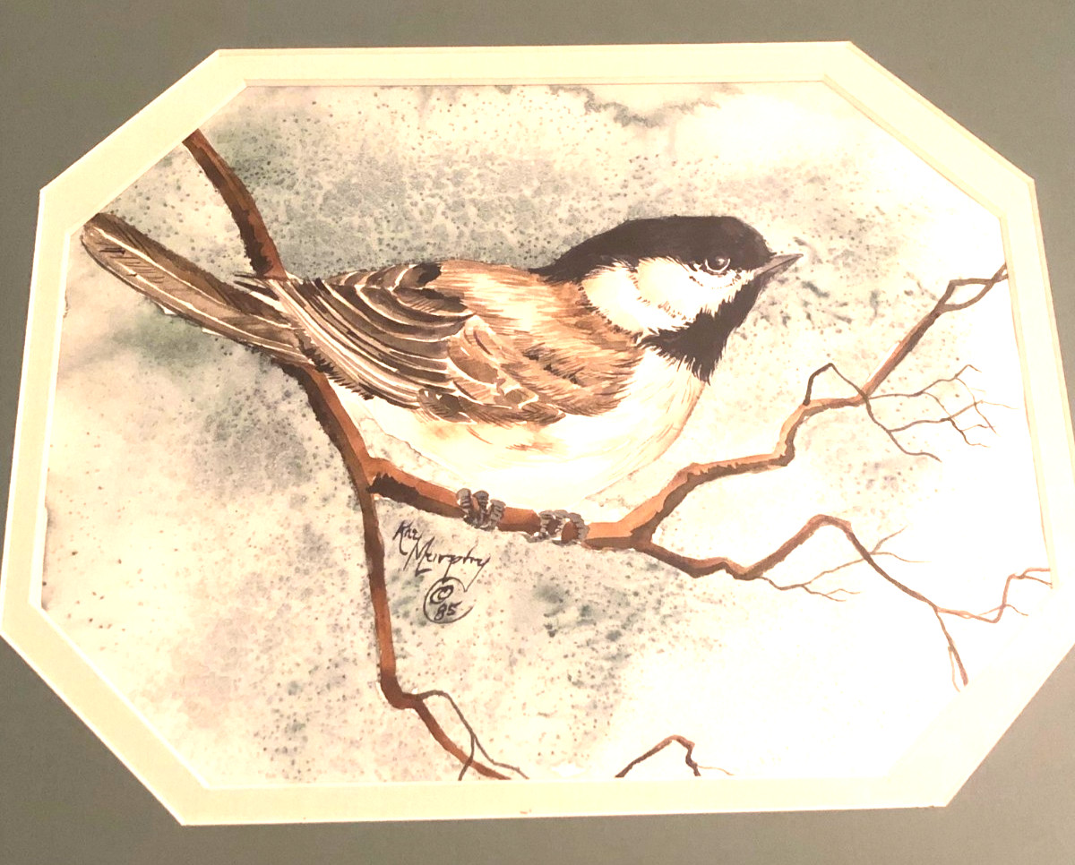 Original Kay Murphy Signed Artwork Watercolor Chickadee Bird Custom Framed 1985
