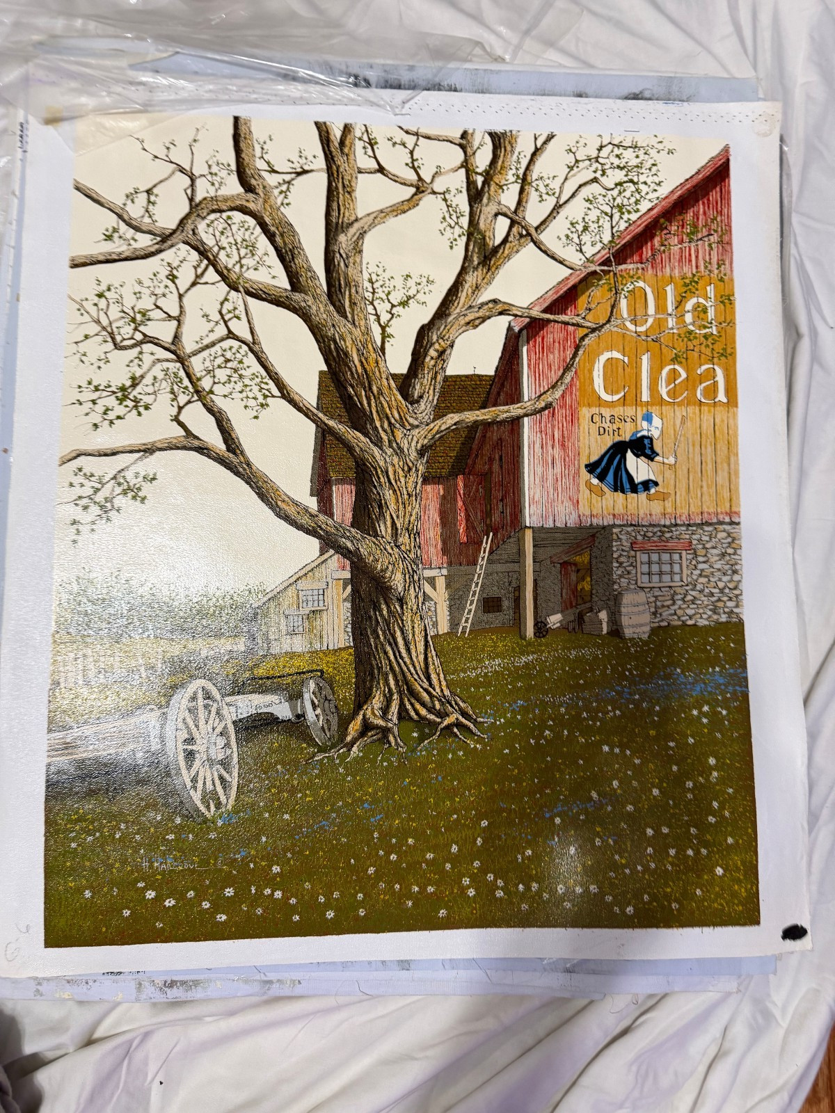 Vintage Surreal Farm Landscape Painting Print Tree Roots Barn Wagon Folk Art