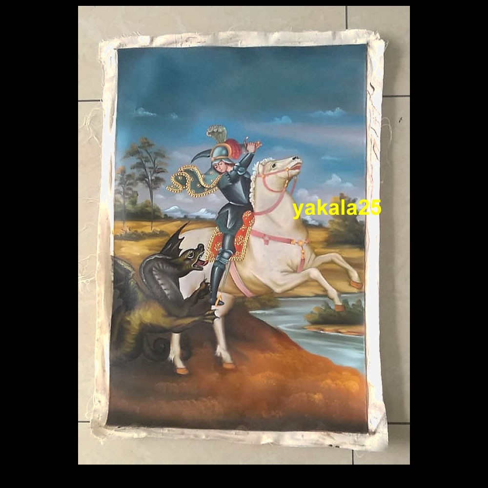 24″ Oil Canvas Painting Saint George Dragon Cusco School Peru Religion Art Rare