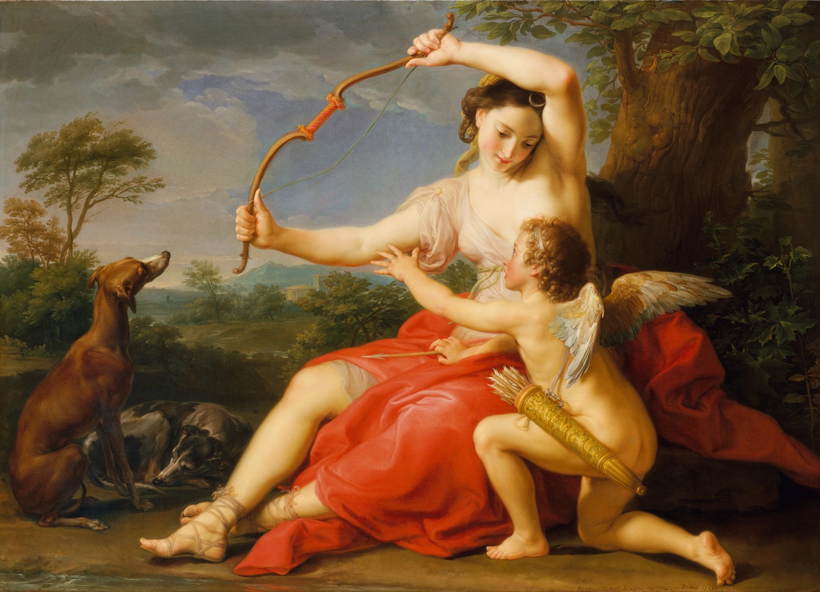 Baroque Mythological Artwork, Goddess Diana Holding Bow with Cupid & Dogs Canvas