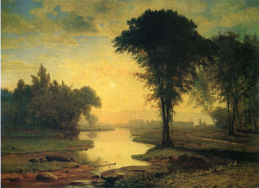 Wonderful Oil painting George-Inness-The-Elm sunset river landscape canvas !!