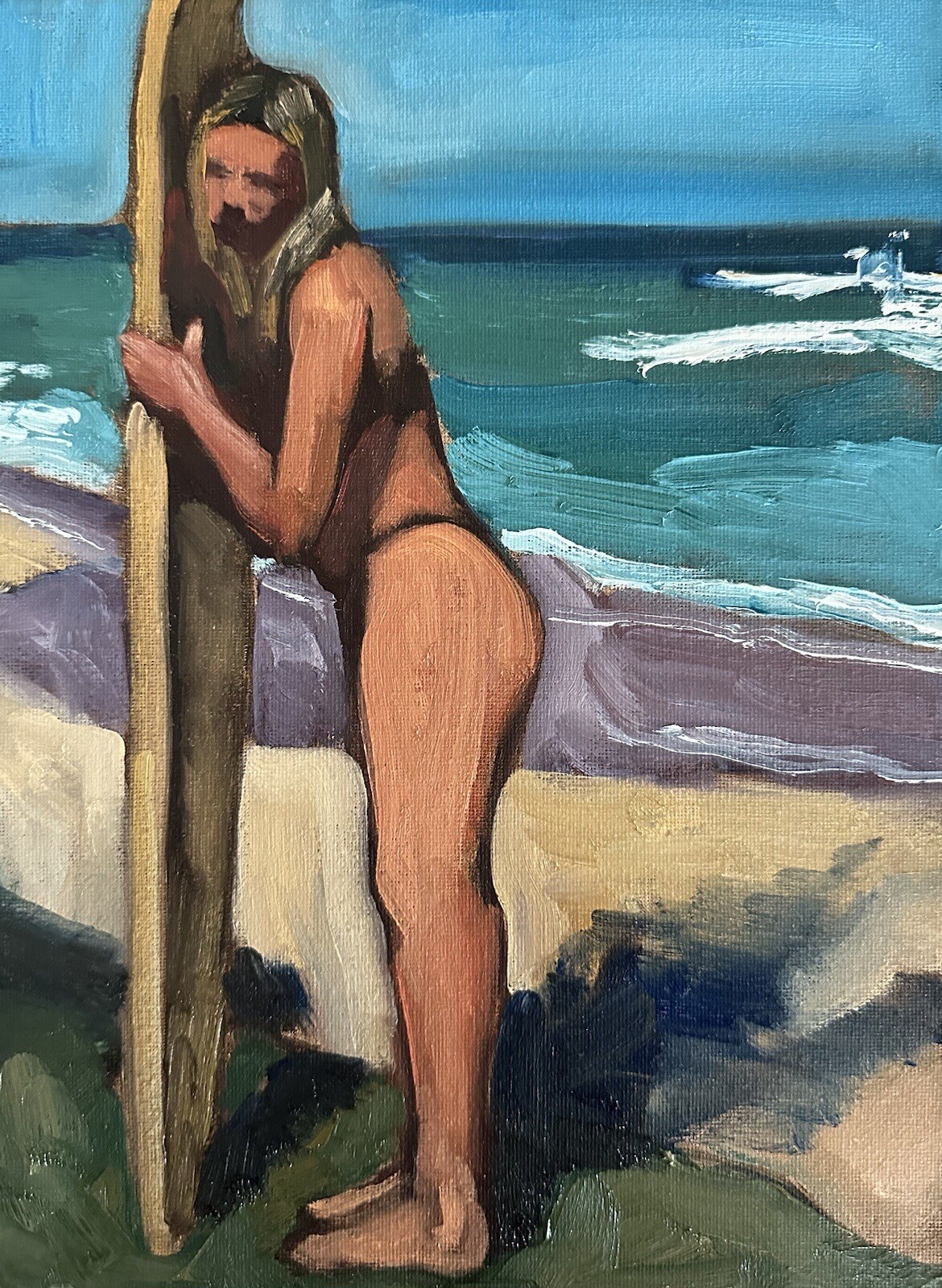 Original Painting Beach Surfer Girl Signed 9×12 Liam Matthew Hawaii Cali Coast