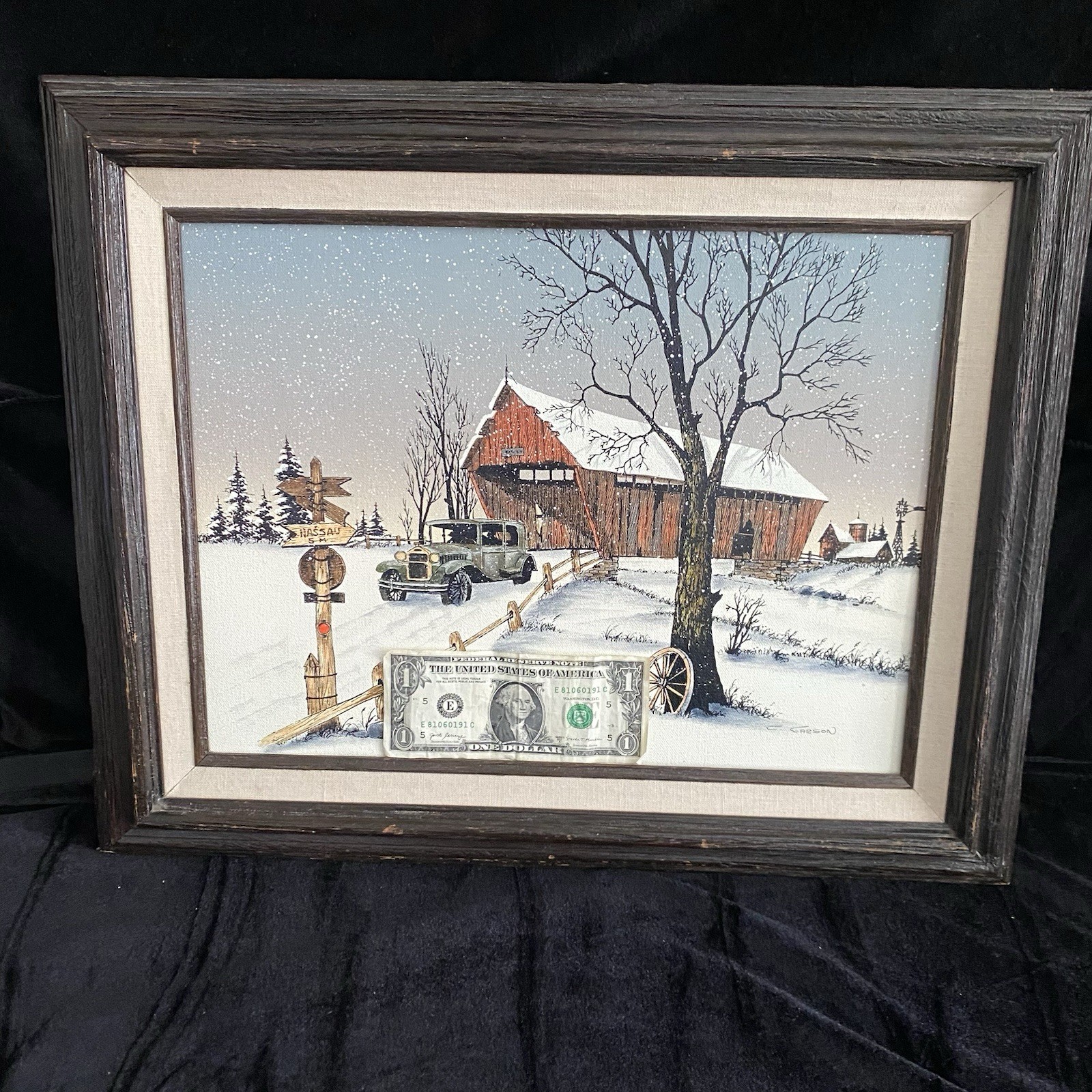 Vintage Winter Barn Farmhouse Canvas Print Framed Snow Scene Rustic Wall Art