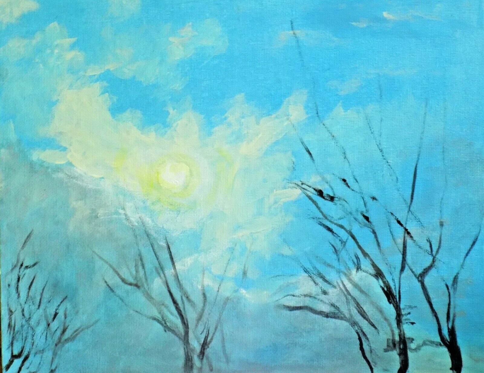 original painting impressionist winter sky with sun small