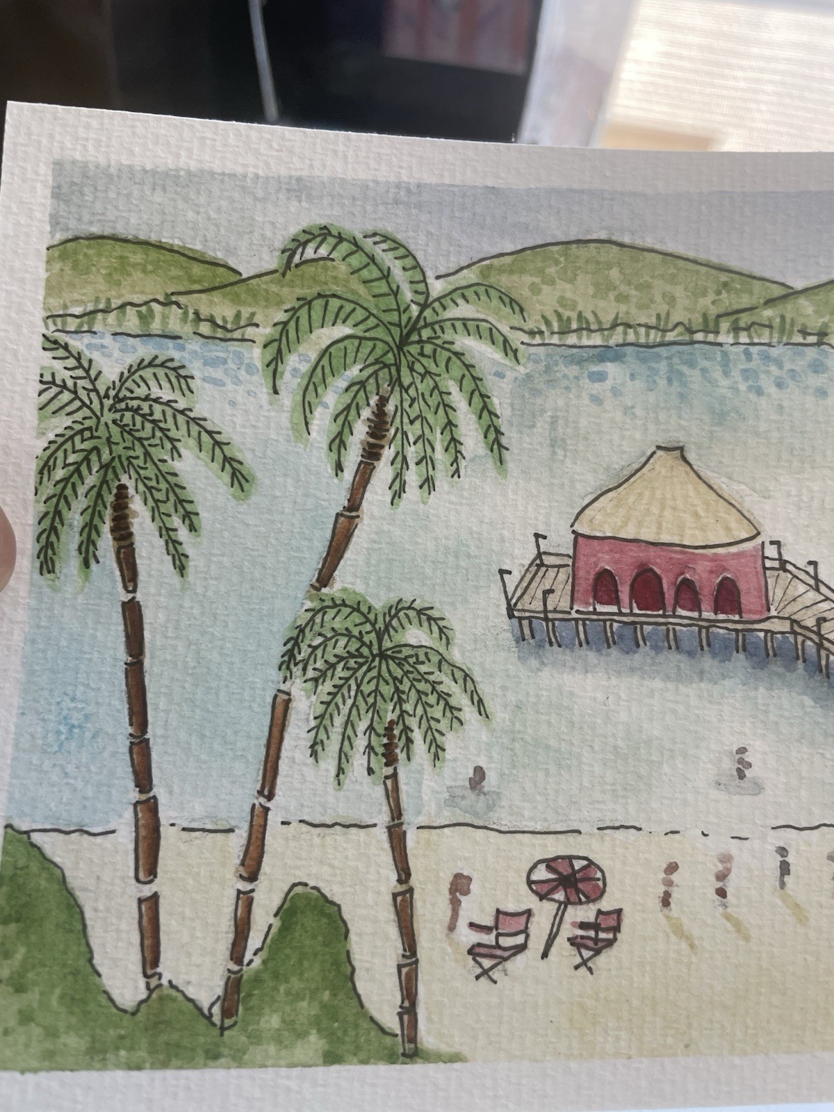 OOAK Ocean Beach Pier Tropical Island Landscape Watercolor Painting Coastal Core