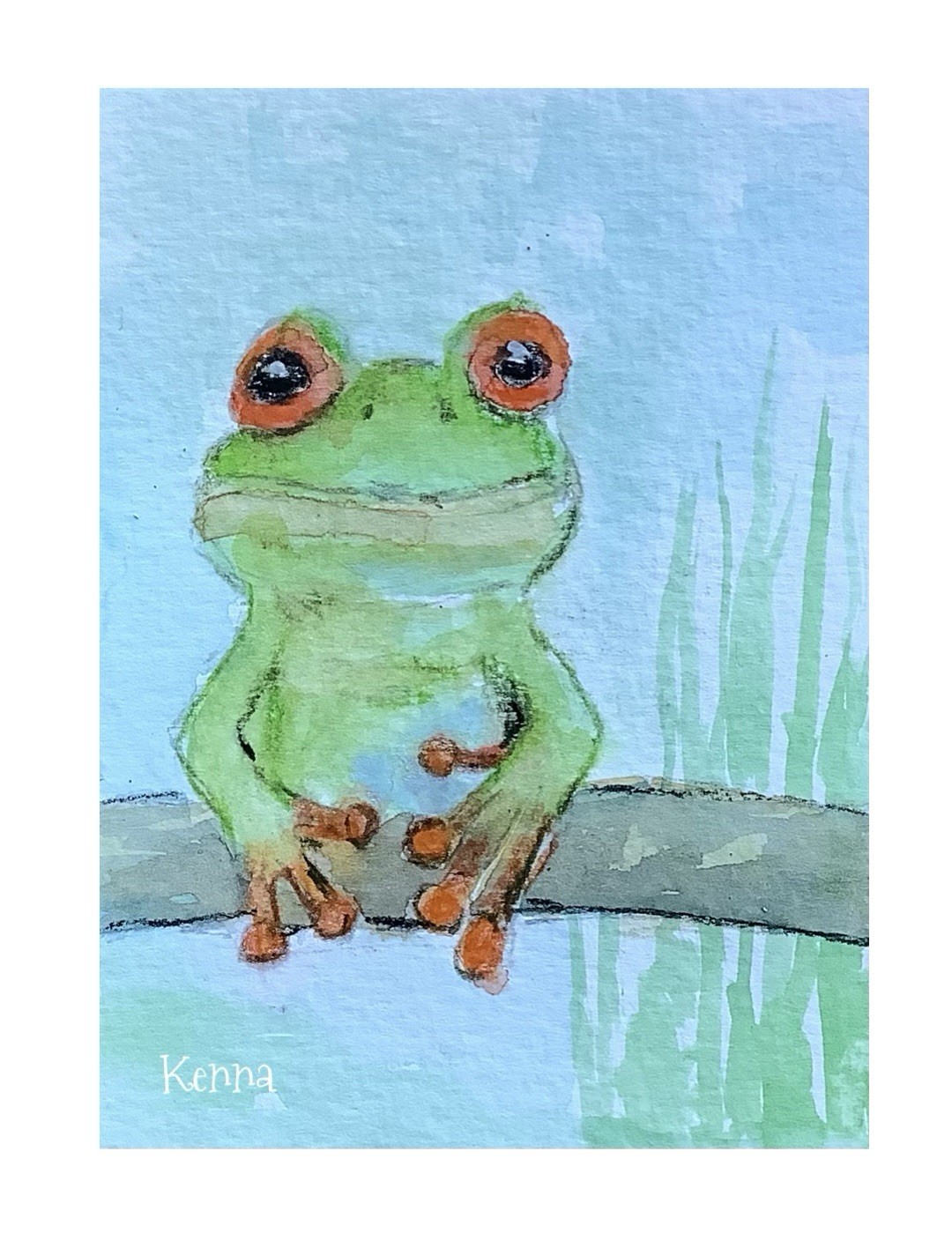 ACEO Gouache Painting Green Tree Frog By Kenna 2.5” X 3.5” Signed Original ÀTC