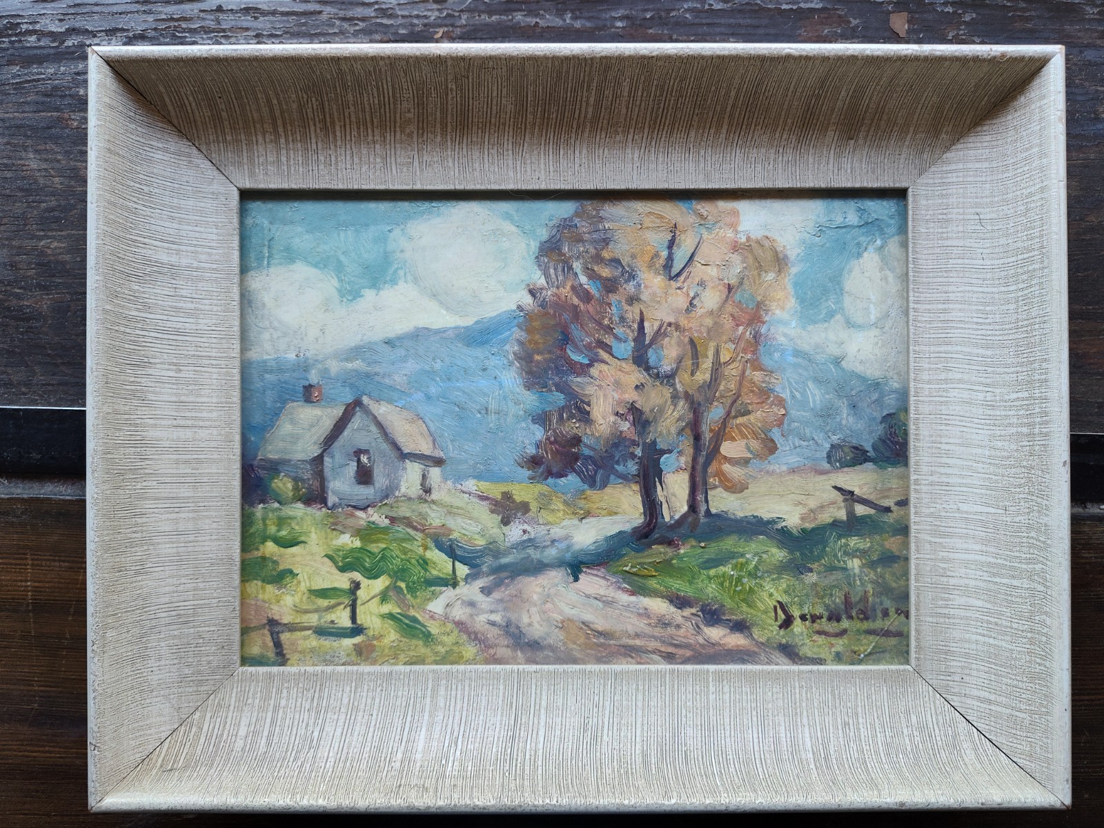 Original Oil Painting Landscape Scene House & Tree in Textured Frame 9.5″ x12.5″