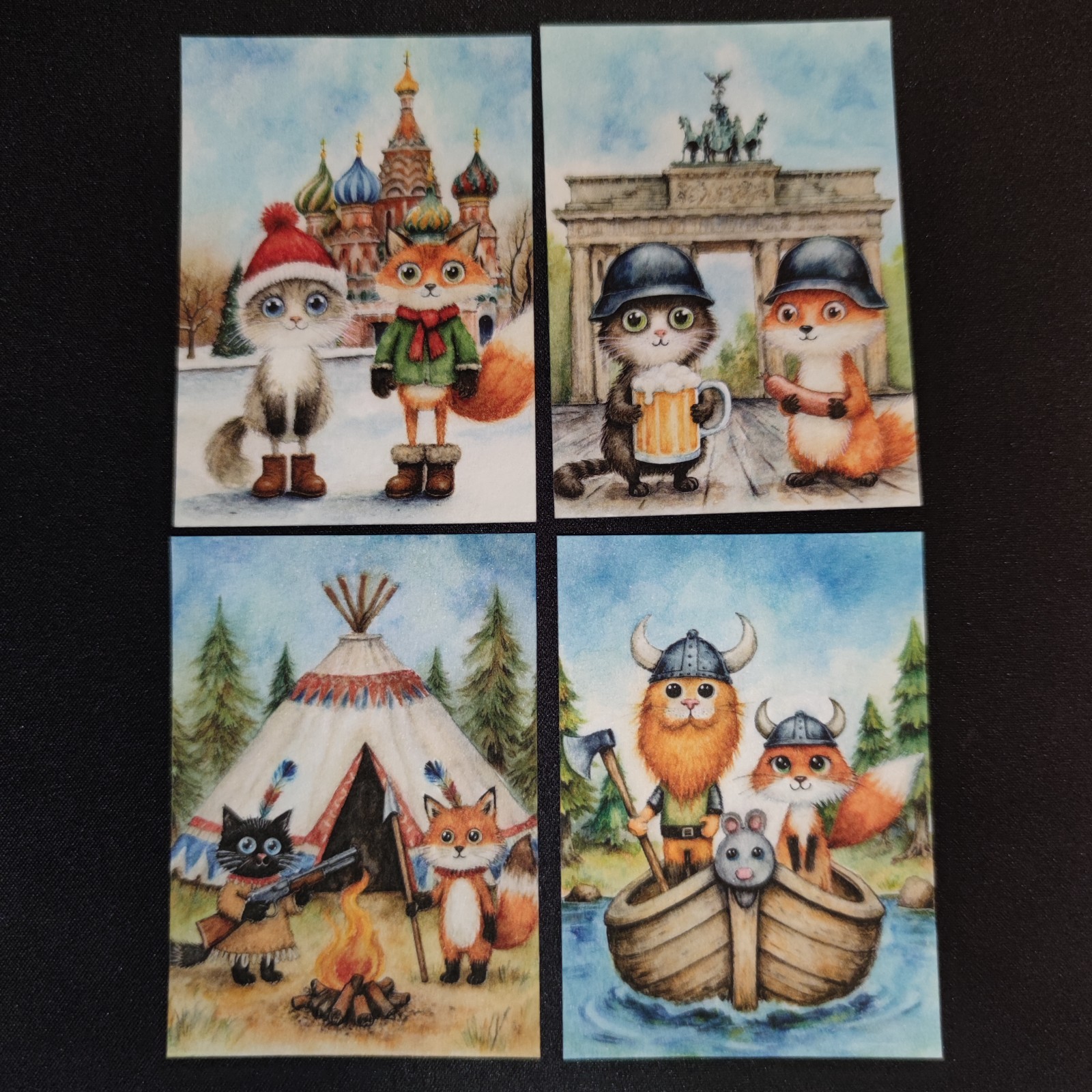 ACEO 2.5×3.5 watercolor painting – lot 1 – cat kitten fox cute cozy tale