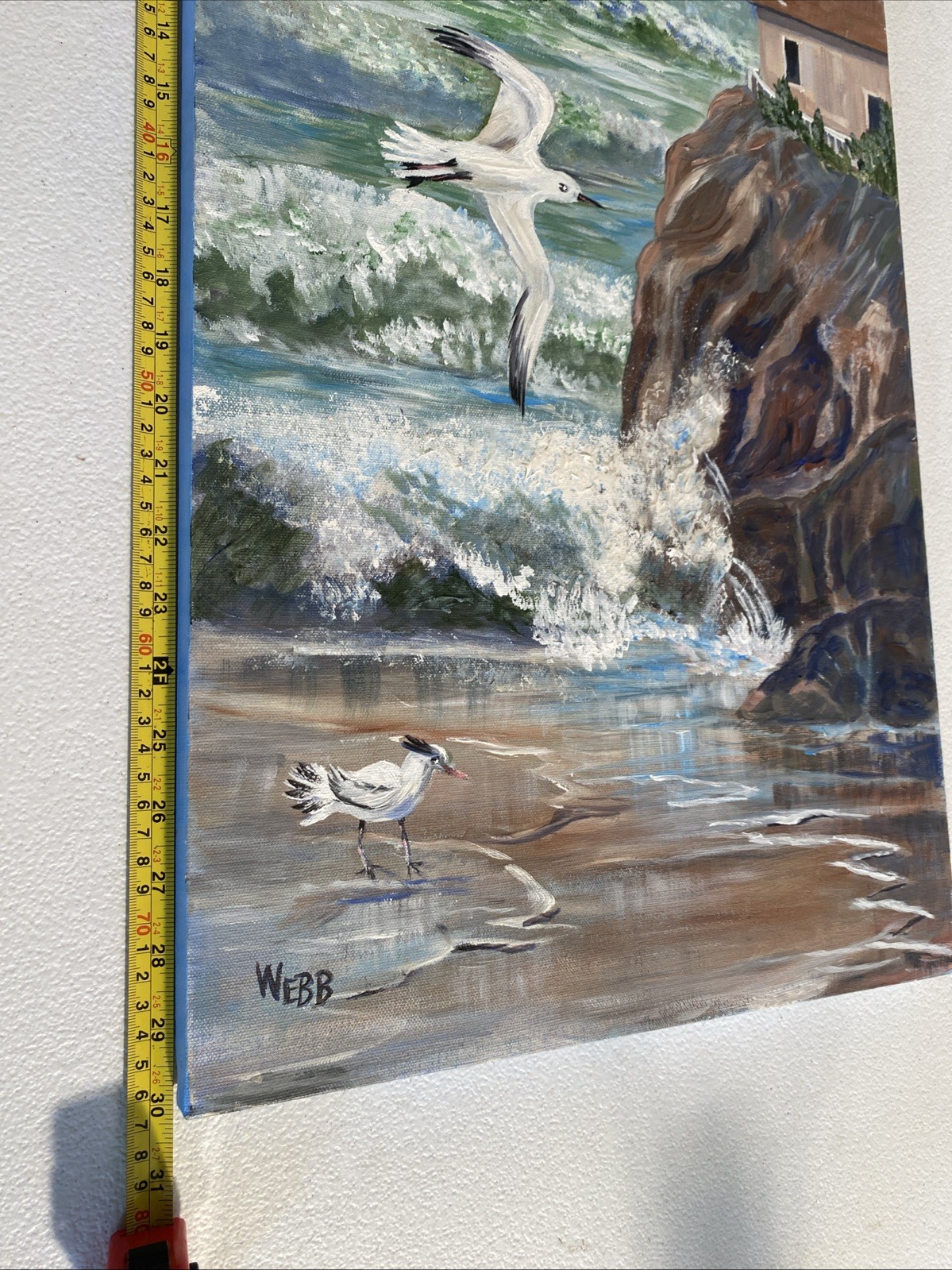 Seascape Lighthouse Acrylic Painting Signed WEBB Waves Crashing Rock Seagulls