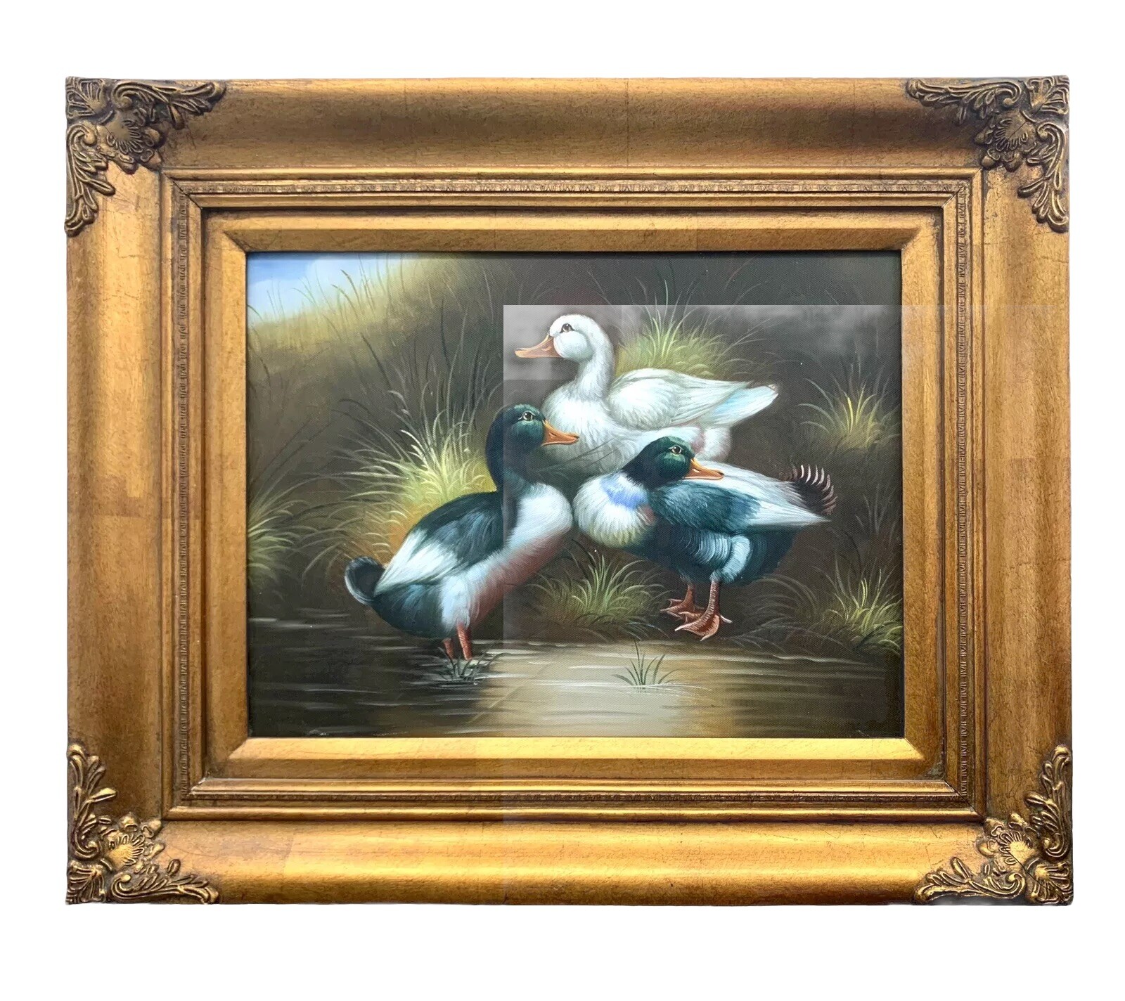 Duck Painting Goose by Pond Oil on Canvas Framed Vintage Classic Decor