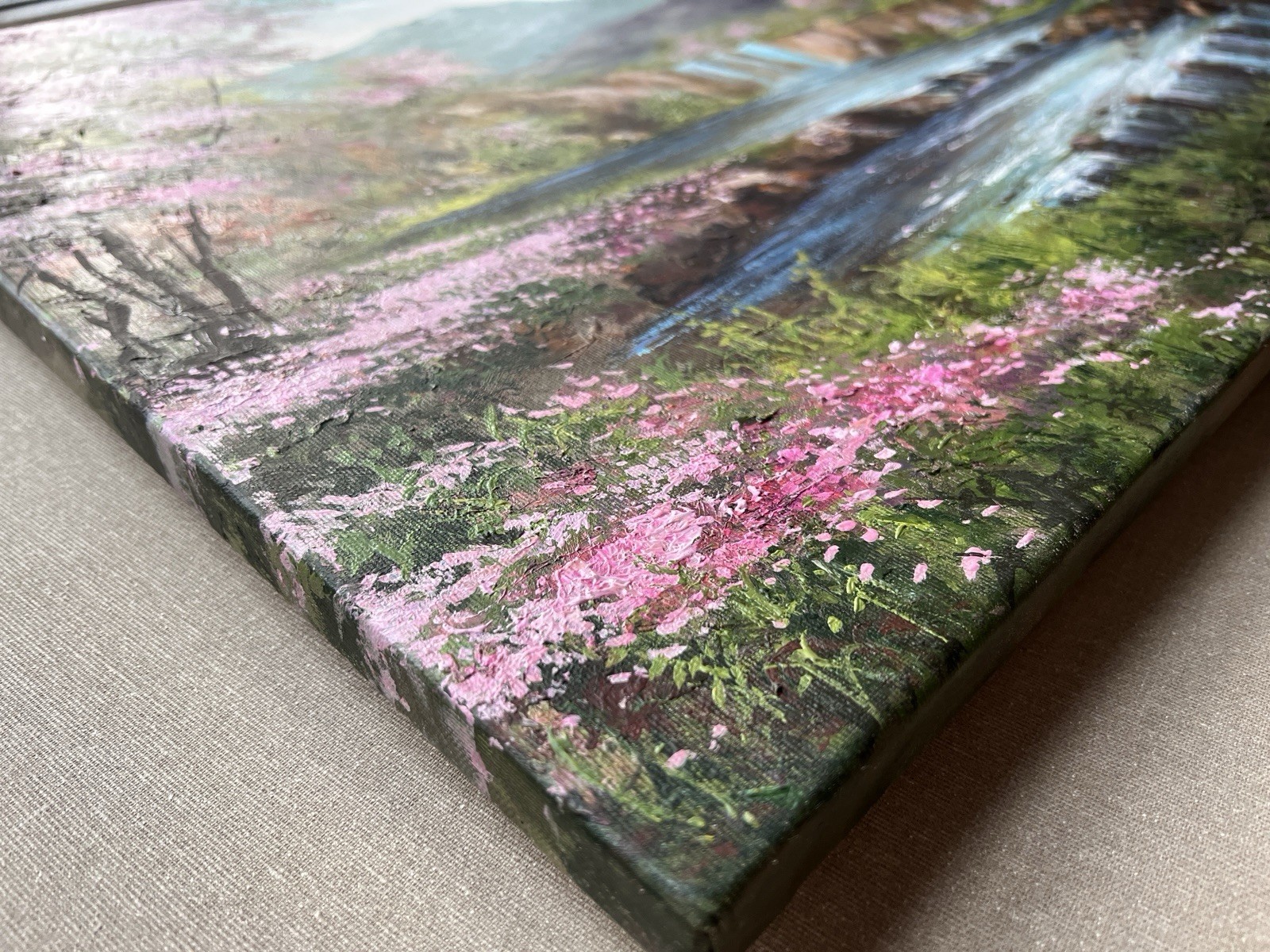 Large blossom sakura landscape with mountains and waterfalls high-quality ART