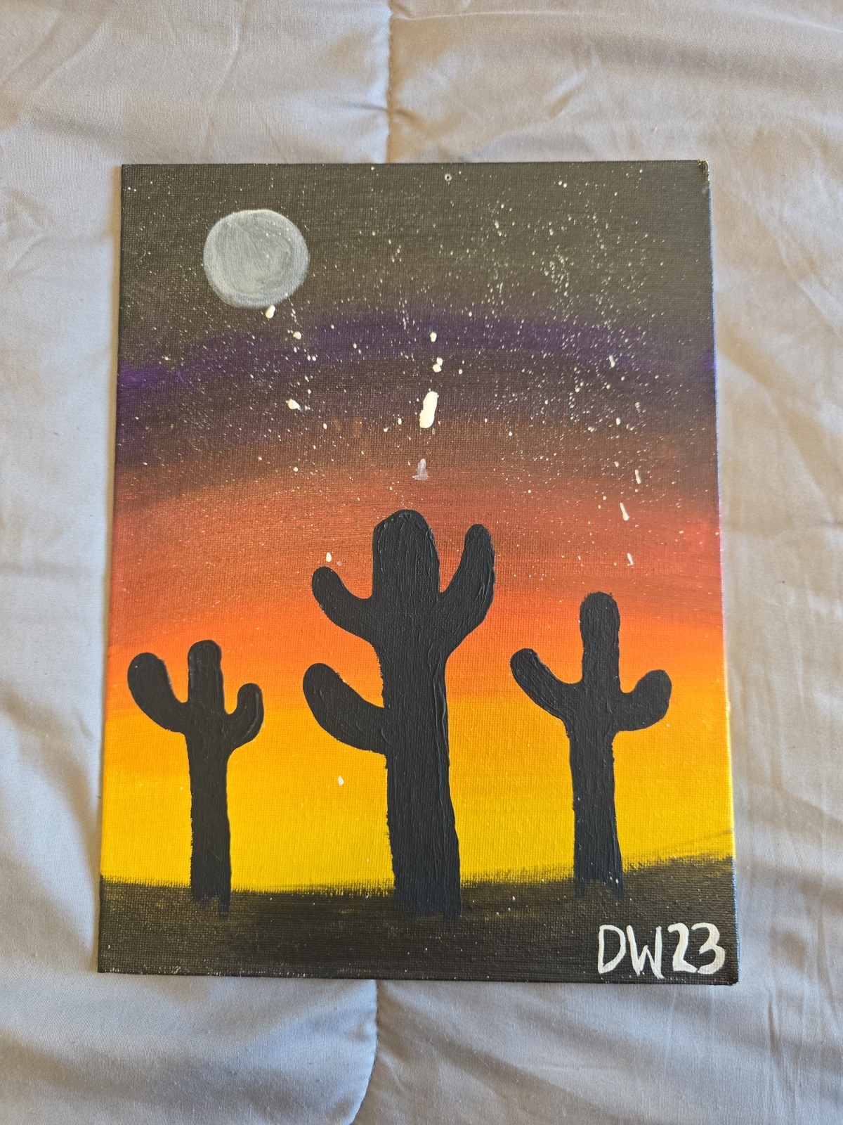 DW Abstract Cactus Desert Night Moon Original Acrylic Painting on panel.