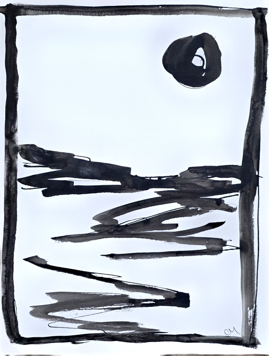 Original Minimalist 9×12 Acrylic Landscape Painting Black White Paper Signed Art