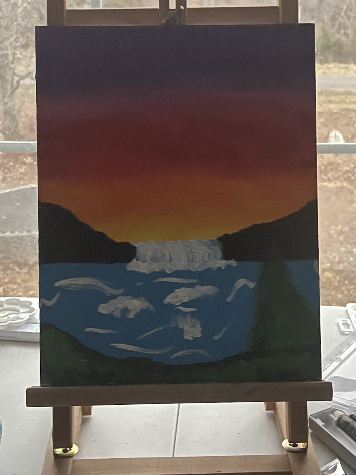 Realism Acrylic Painting Sunset Waterfall Landscape on Canvas Small Unframed
