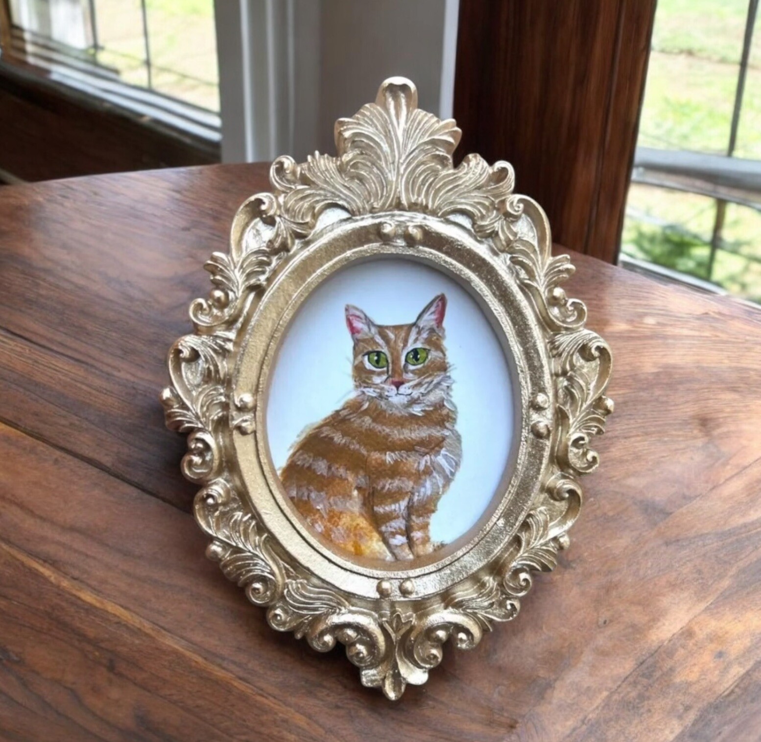 Tabby Cat watercolor art print in mini gold ornate frame, Gift, Decor, Pet