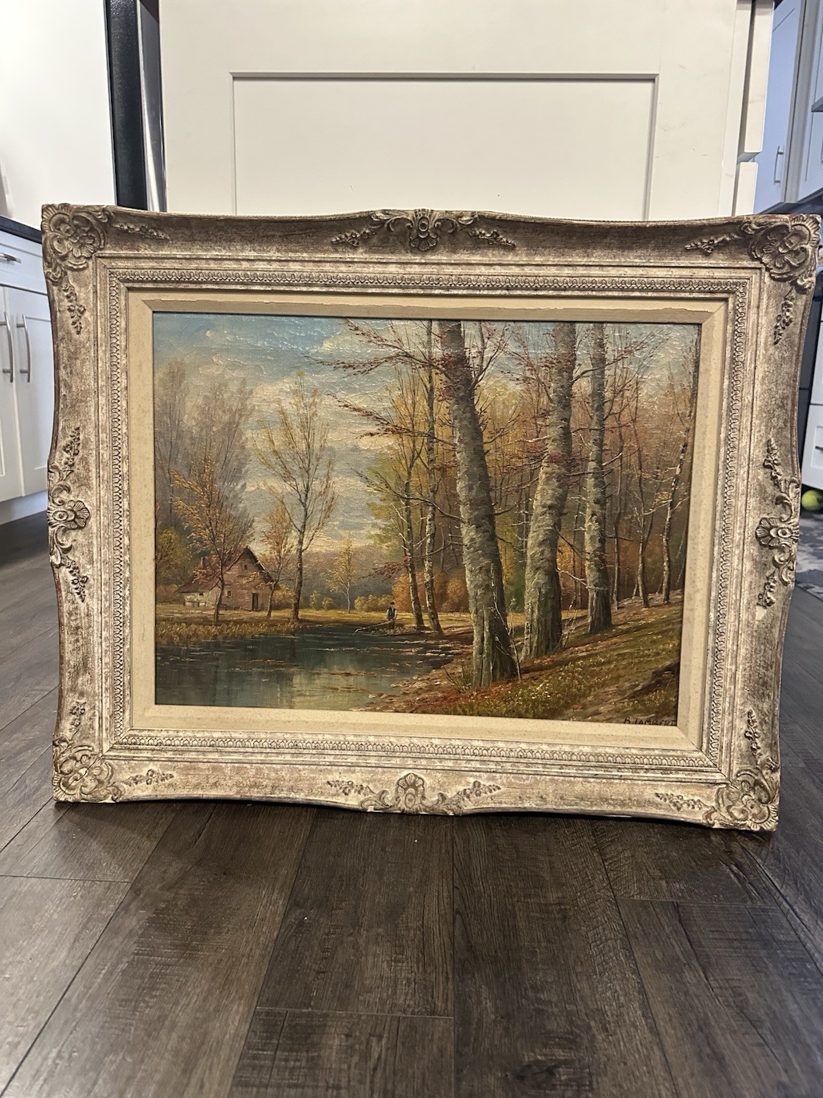 Antique Oil Painting On Canvas B (Bradford) Lambert Autumn Woods Cabin Fisherman