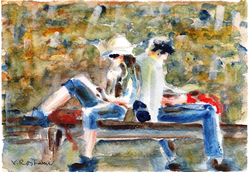 A656-WATERCOLOR PAINTING, «Reading in Central Park»,Gift idea NYC Birthday aceo
