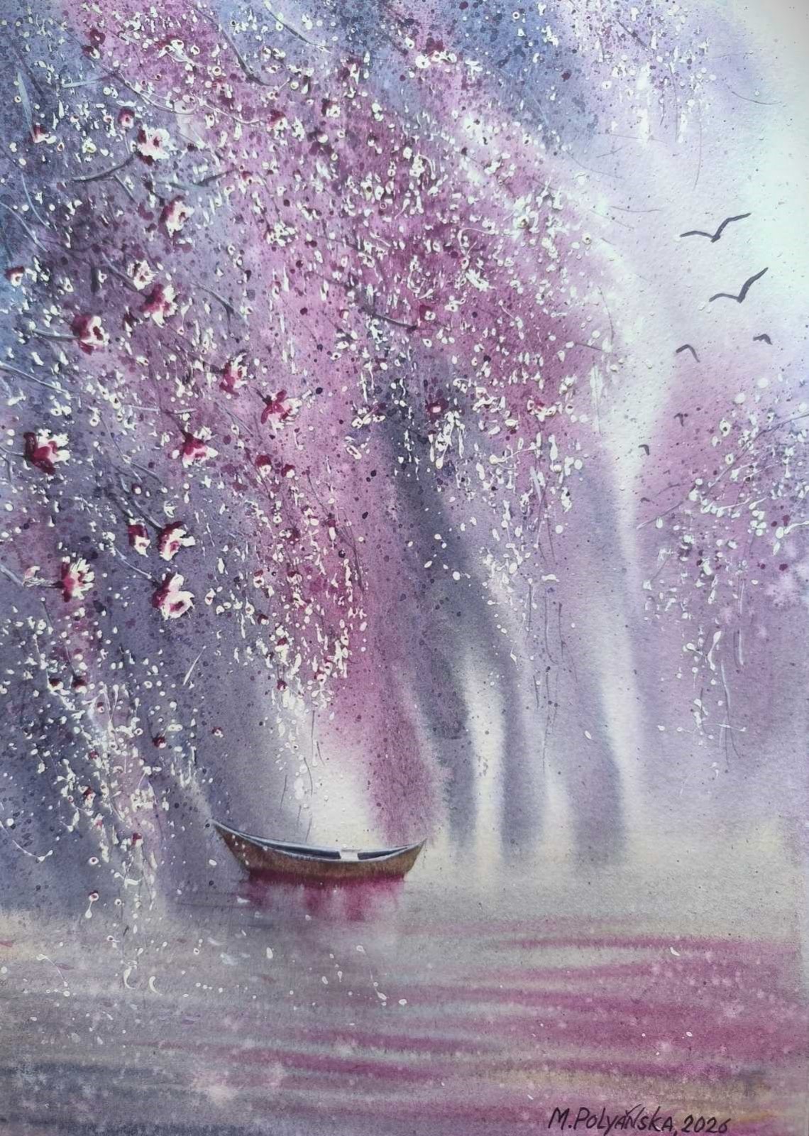 LONELY FISHERMAN BOAT FOGGY FOREST WILDLIFE Original Arts Painting Landscape A4