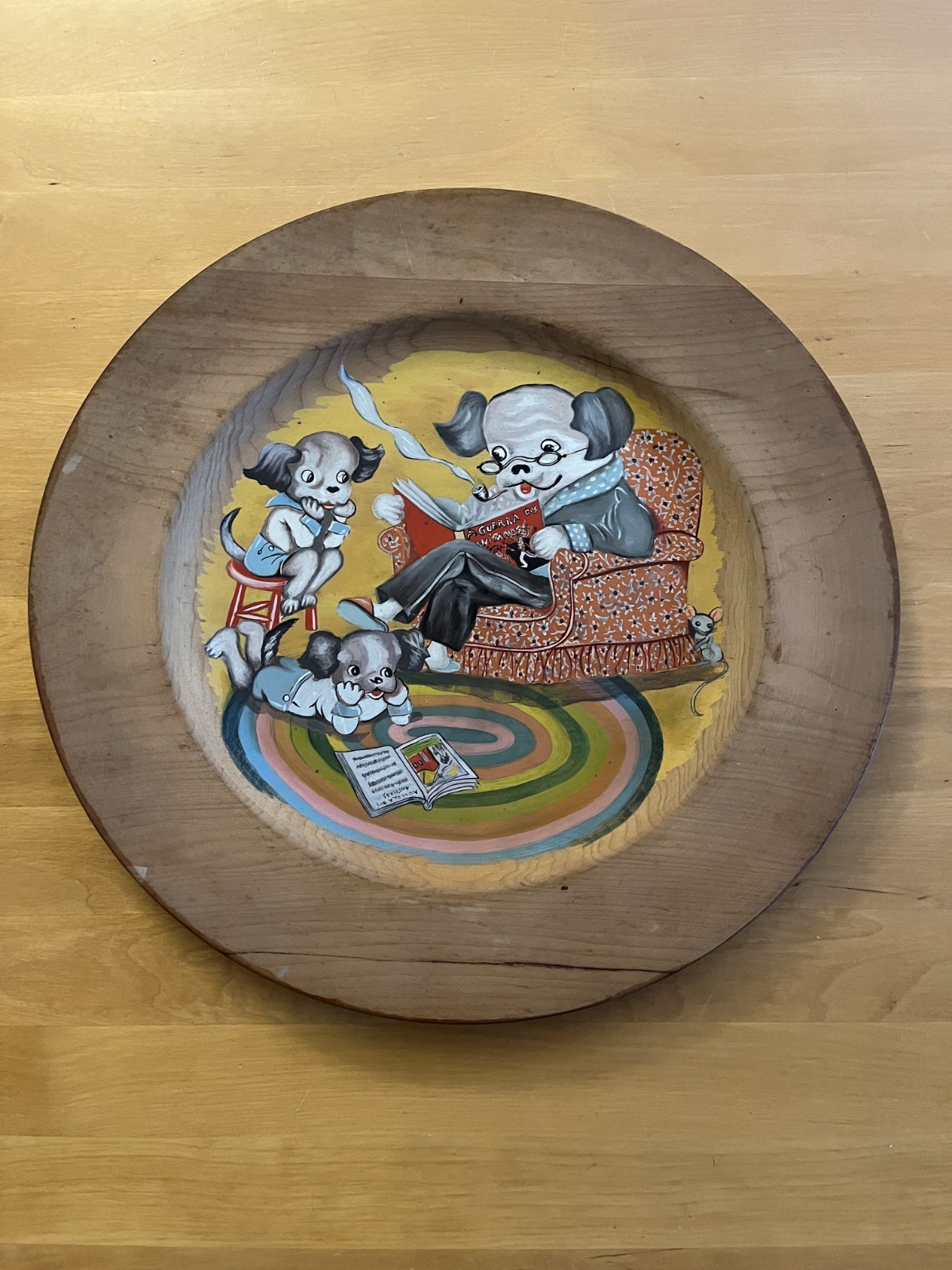 Dogs Reading Vintage Folk Art Painted Wooden Plate – 13.5 inches