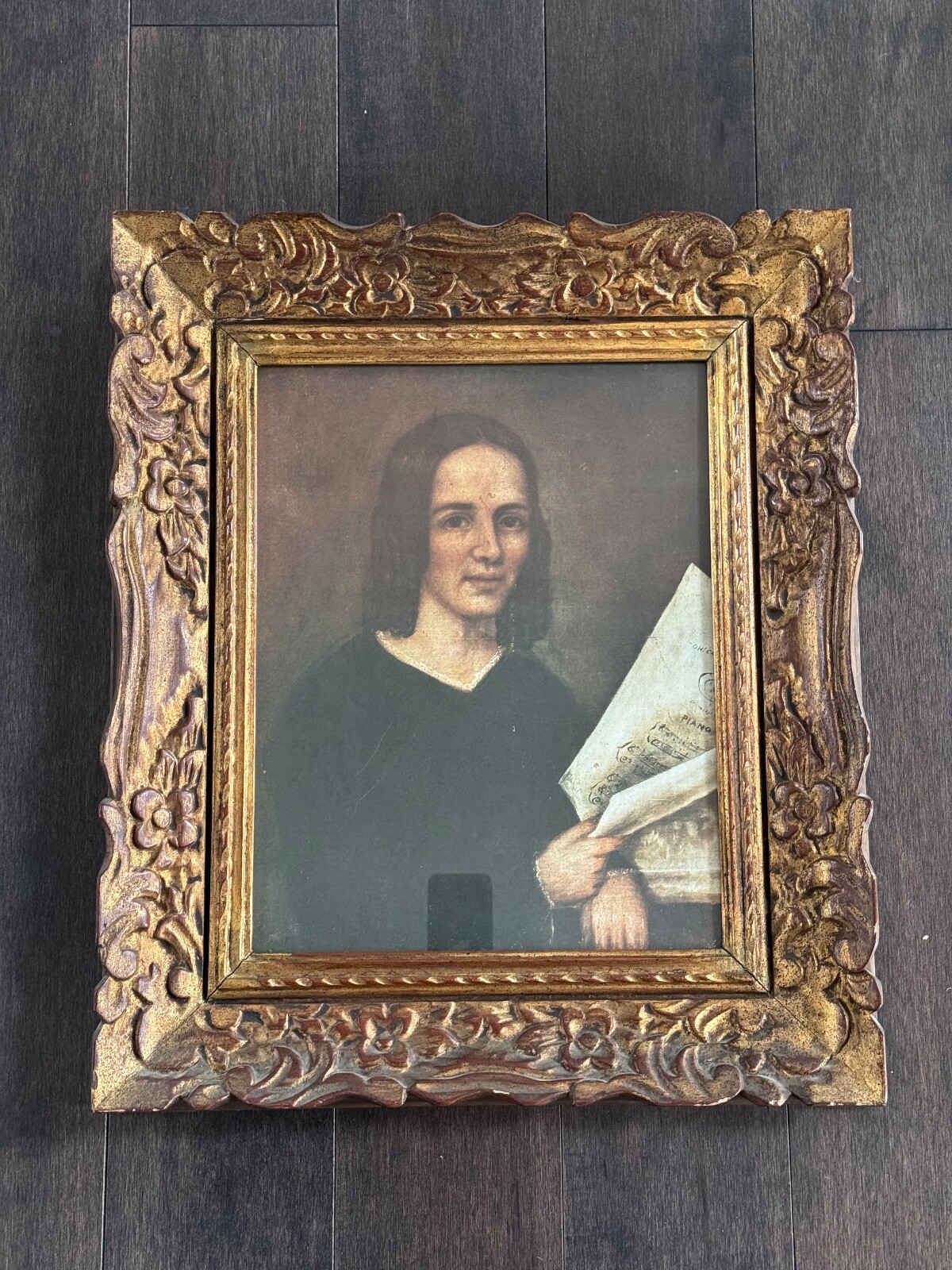 Framed full Colored Collotype Print of Portrait woman reading music note 20”x16″