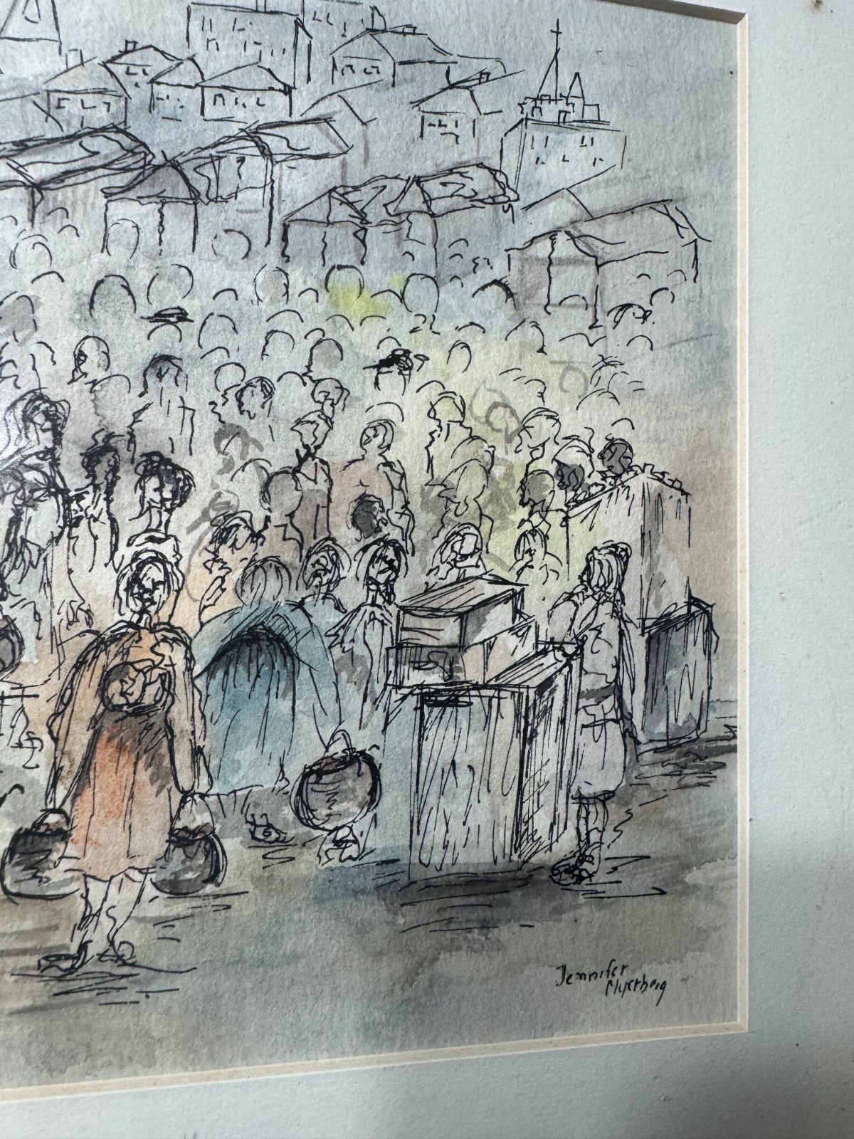 Jennifer Myerberg «Many Figures Scene» Pen, Ink And Watercolor Painting – Framed