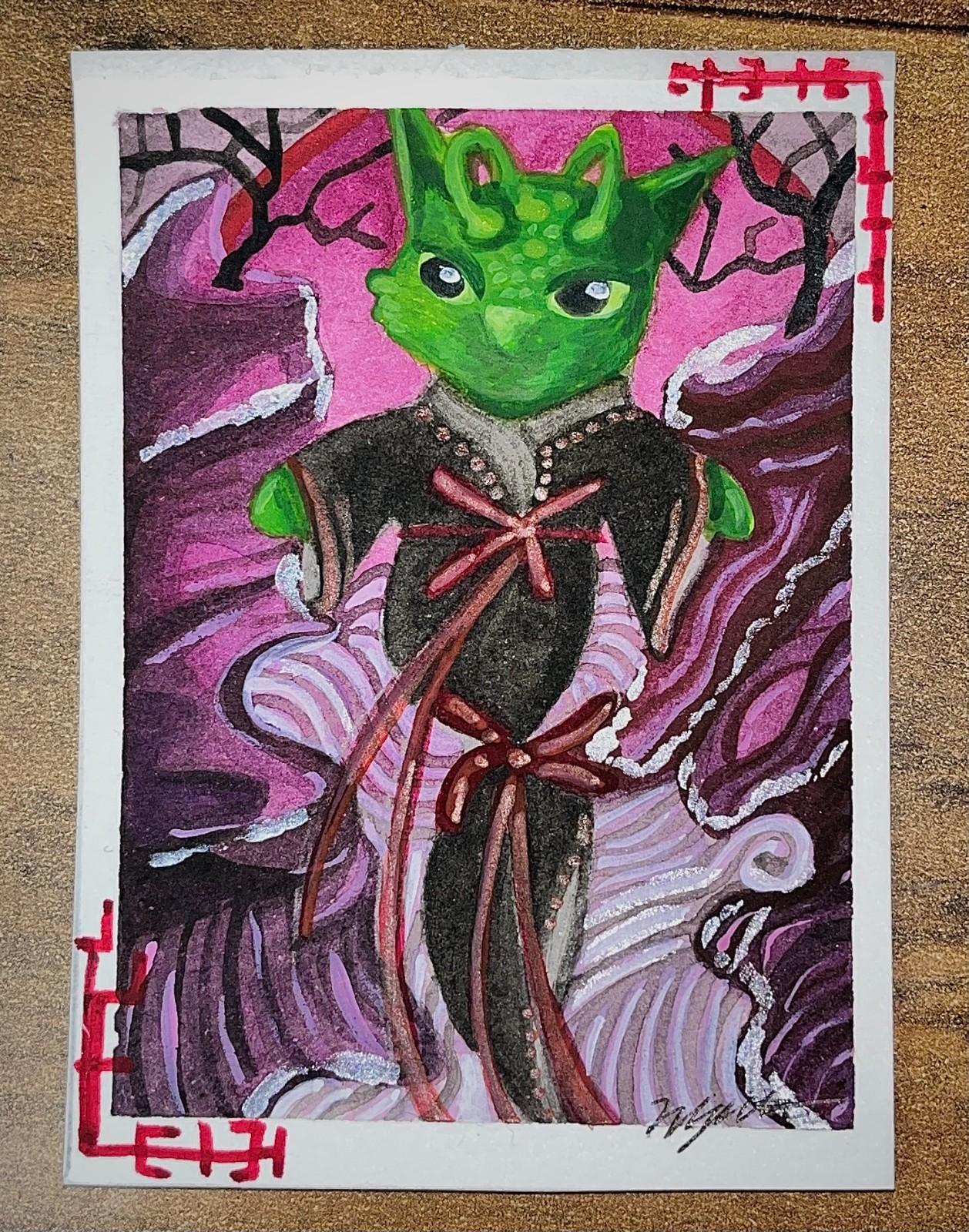 ACEO Original Watercolor Gouache Art Cards Alien Chinese Space Cat: Glorp Series