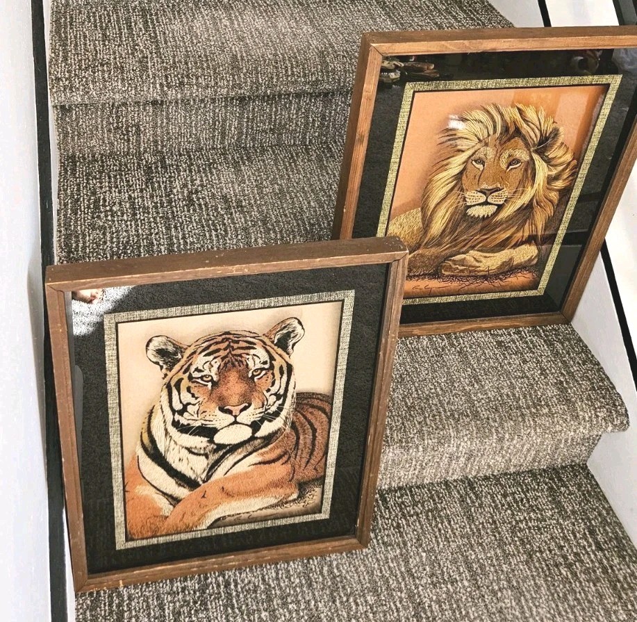 Rare 2 Framed Reverse On Glass Tiger Lion Lulu’s Inc Vintage 77′ Wall Art Retro