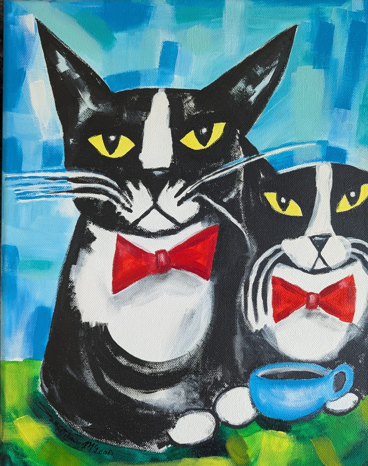 Cat Painting Original Collectible Modern Tuxedo Coffee Folk Art Samantha McLean