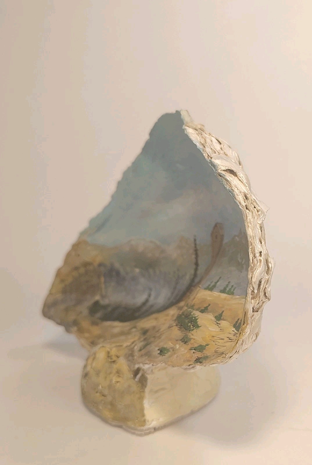 Vtg Miniature Painting of a Mill Mountains inside Fossilized Oyster Shell Signed